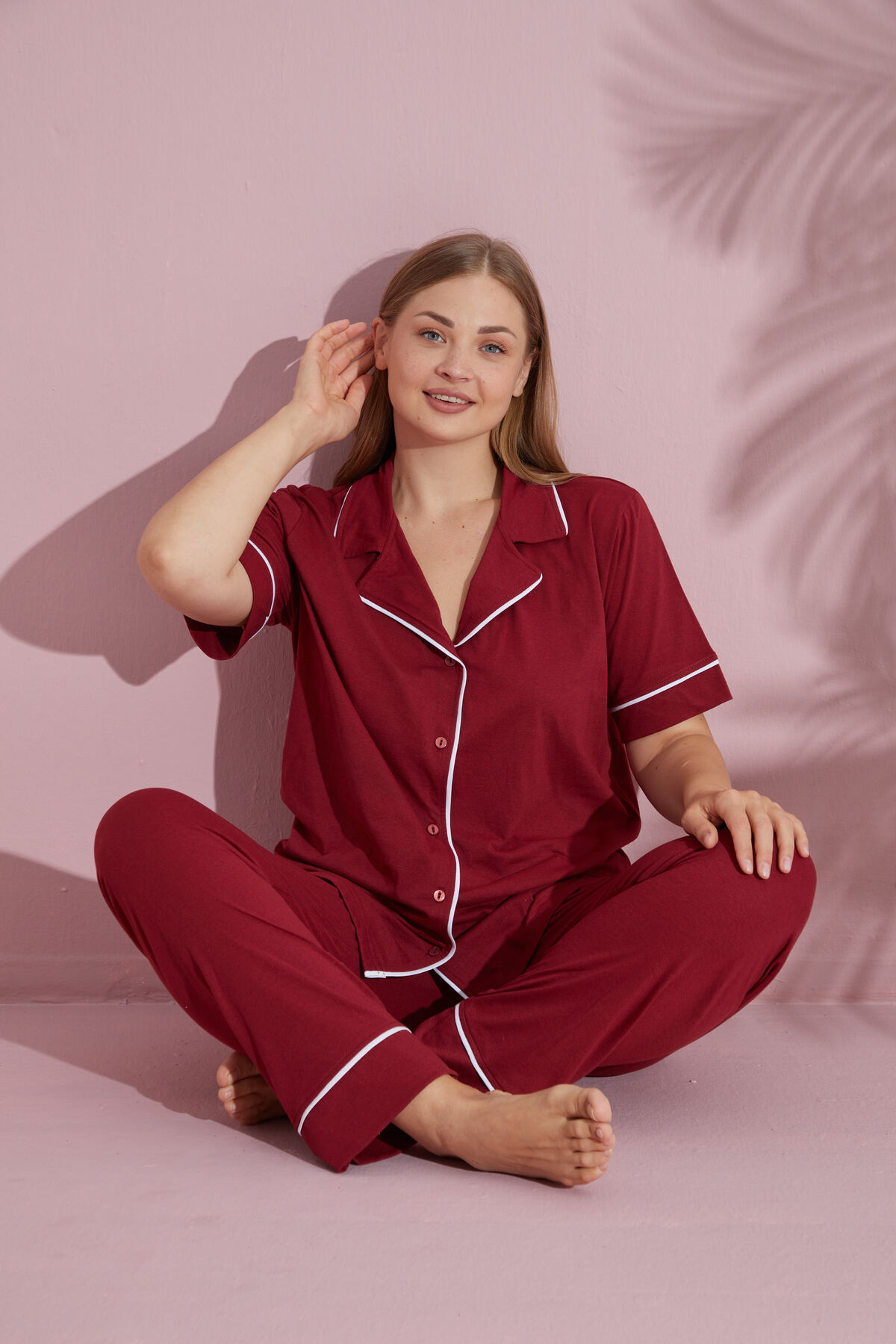 pijamacity Büyük Beden Kadın Bordo Kısa Kollu Pamuklu Düğmeli Biyeli Pijama Takımı