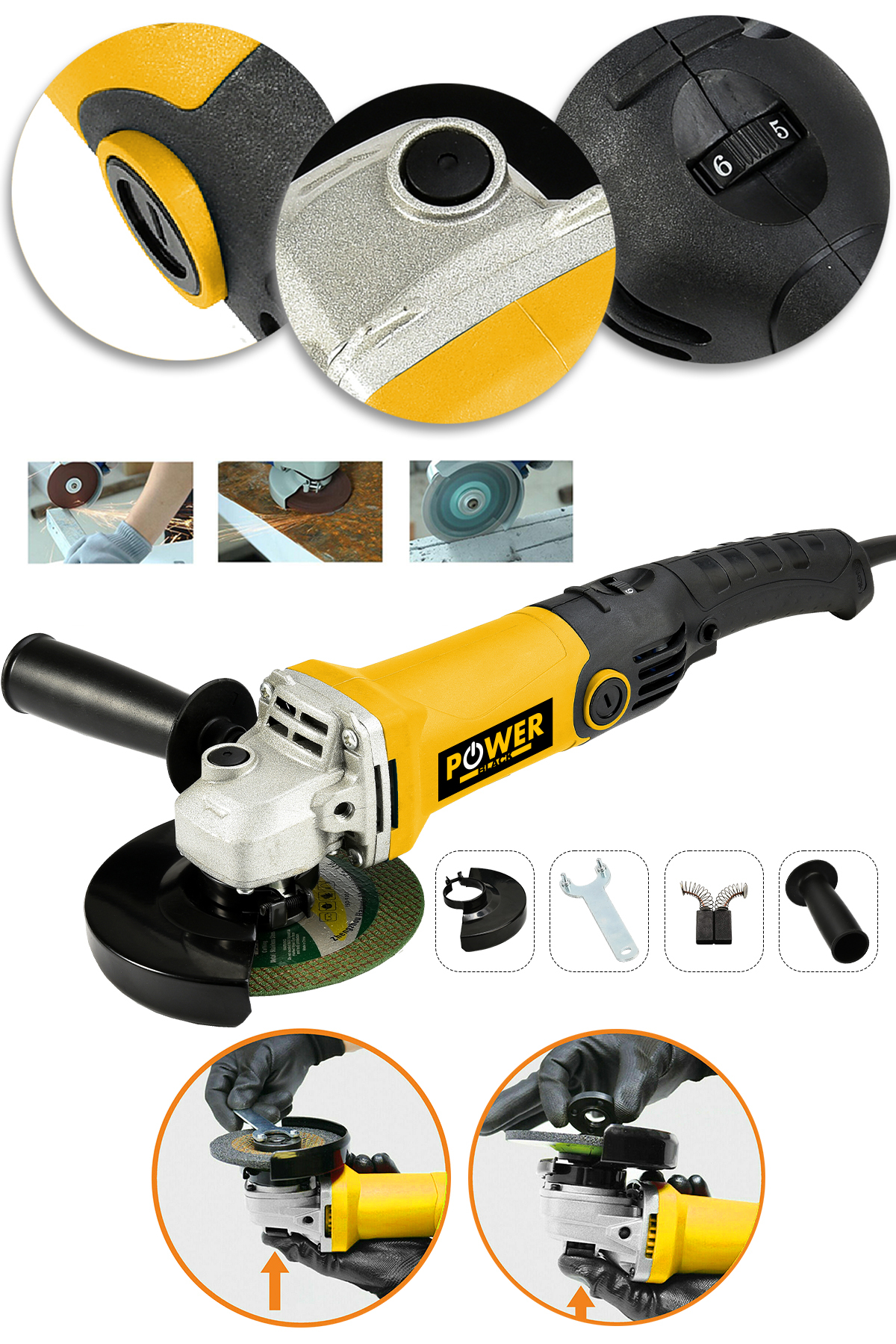 POWER BLACK Avuç Içi Taşlama Makinası 6 Kademeli Uzun Kuyruk Devir Ayarlı 125 Mm Sarı POWER BLACK