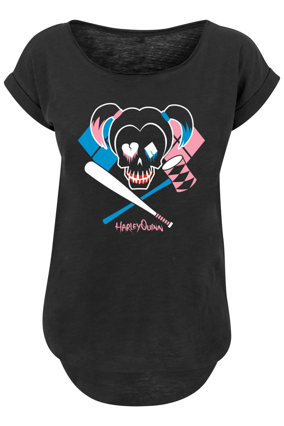 F4NT4STIC Damen Suicide T-Shirt Harley Quinn Trendyol Damen - Slub- für langem Totenkopf-Emblem mit Squad