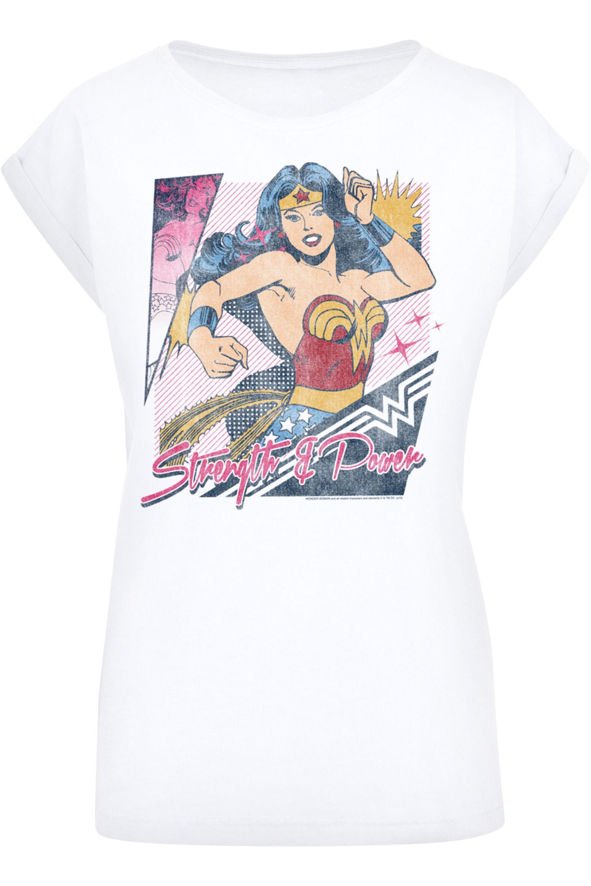 Comics Tee - Woman & Wonder F4NT4STIC Trendyol Shoulder Damen mit Strength Power-WHT Extended Ladies DC