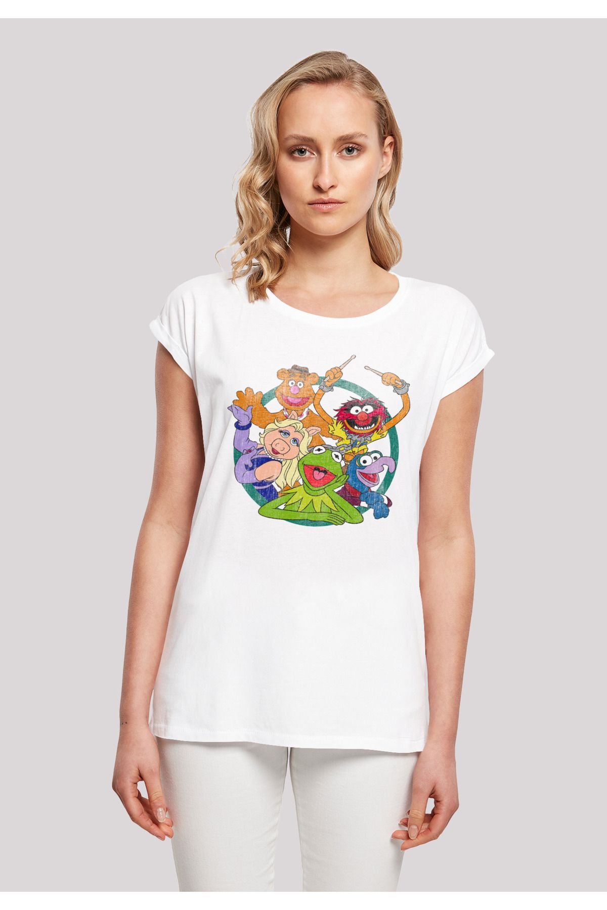 F4NT4STIC Damen Disney The Muppets Trendyol Schulterpartie Circle mit mit Group verlängerter Damen-T-Shirt 
