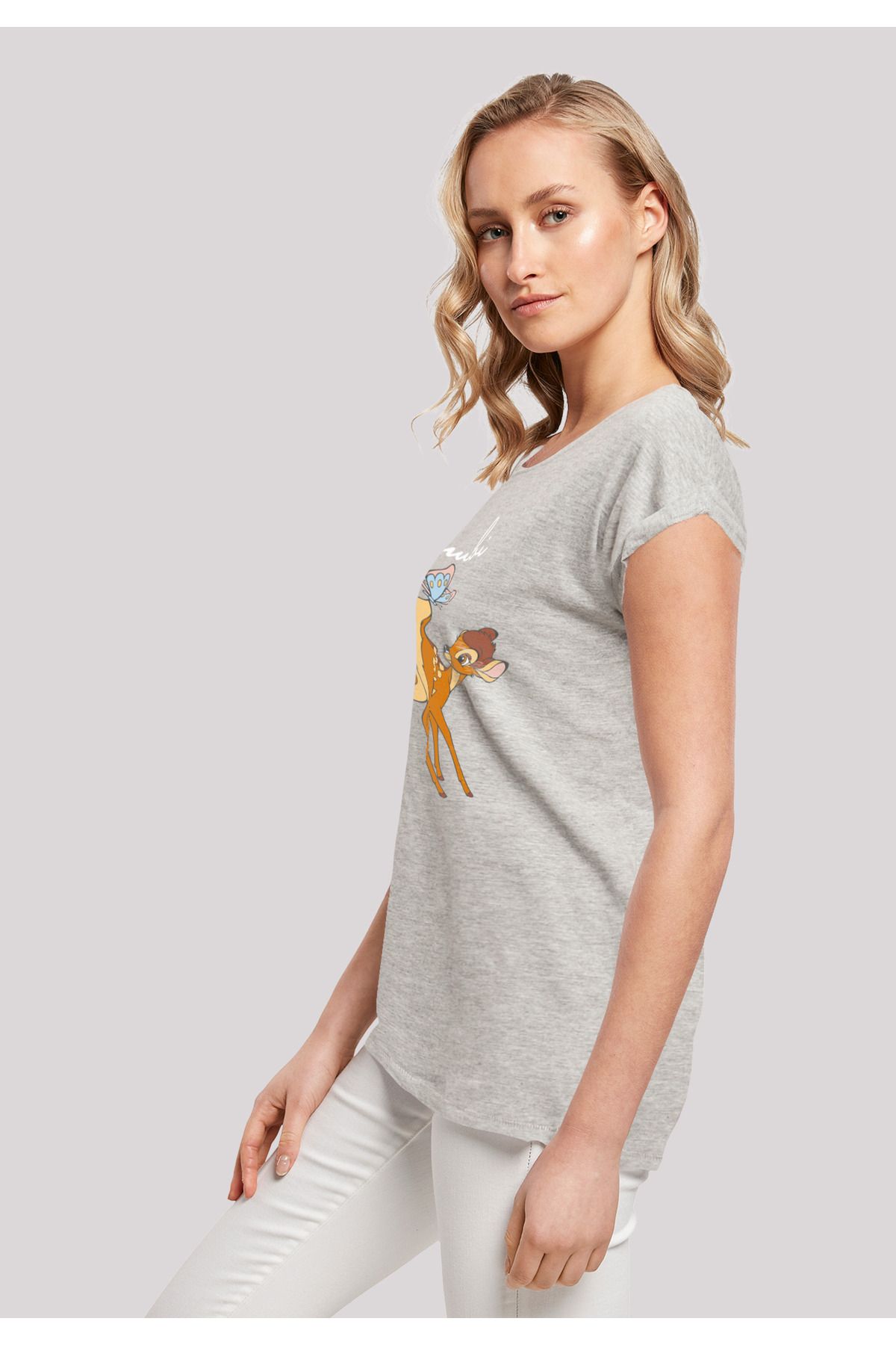 Damen F4NT4STIC mit mit - Trendyol Bambi Disney Schulter Butterfly Damen-T-Shirt Tail-GRY verlängerter