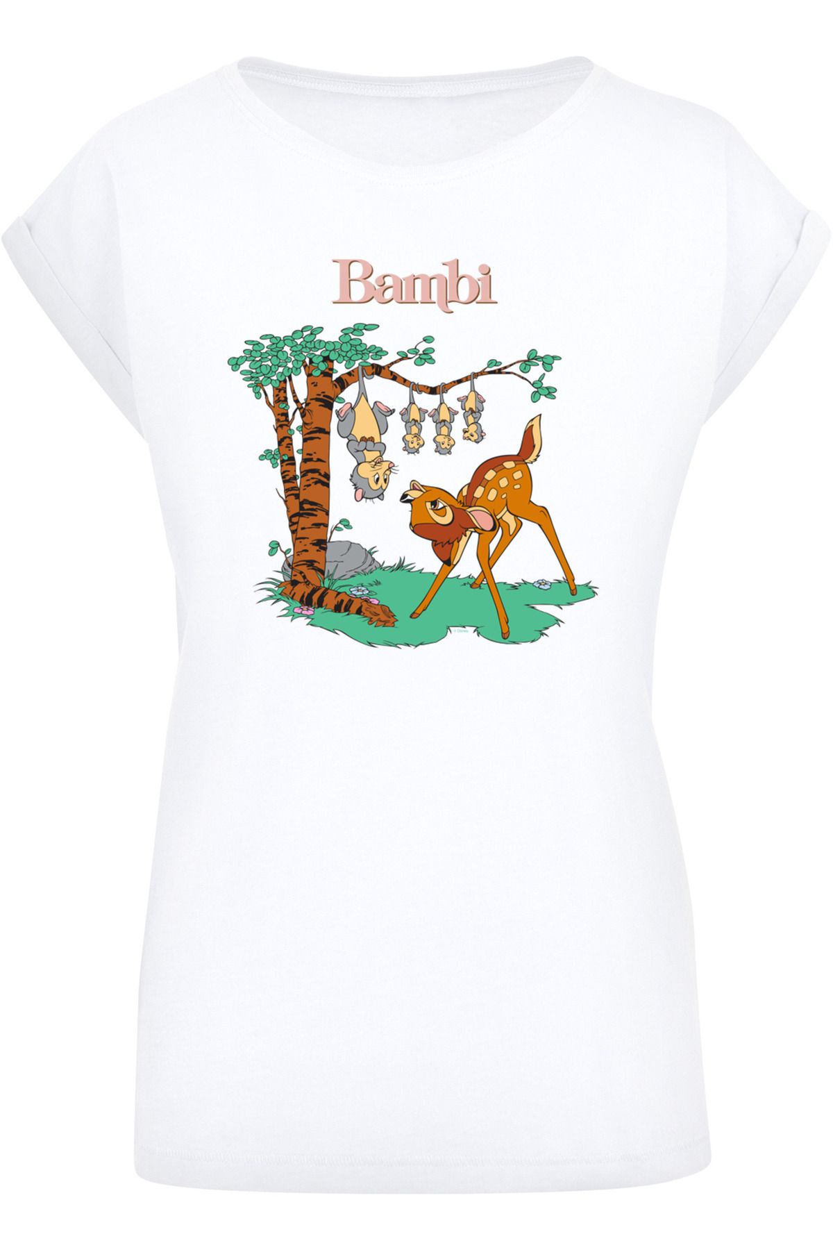 Damen Extended T-Shirt Bambi Shoulder F4NT4STIC mit Ladies Disney - Up-BLK-Halsaufdruck Tilted Trendyol