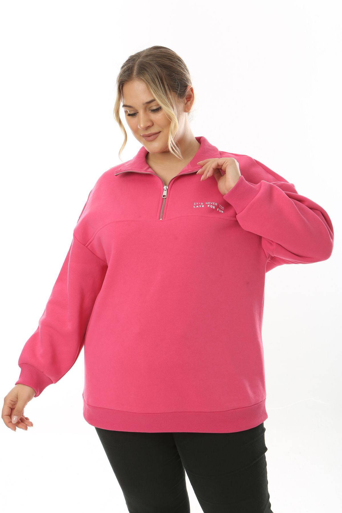 Avones-3 Thread Fleece Zippered High Collar Slogan Printed Sweatshirt Fuchsia 3