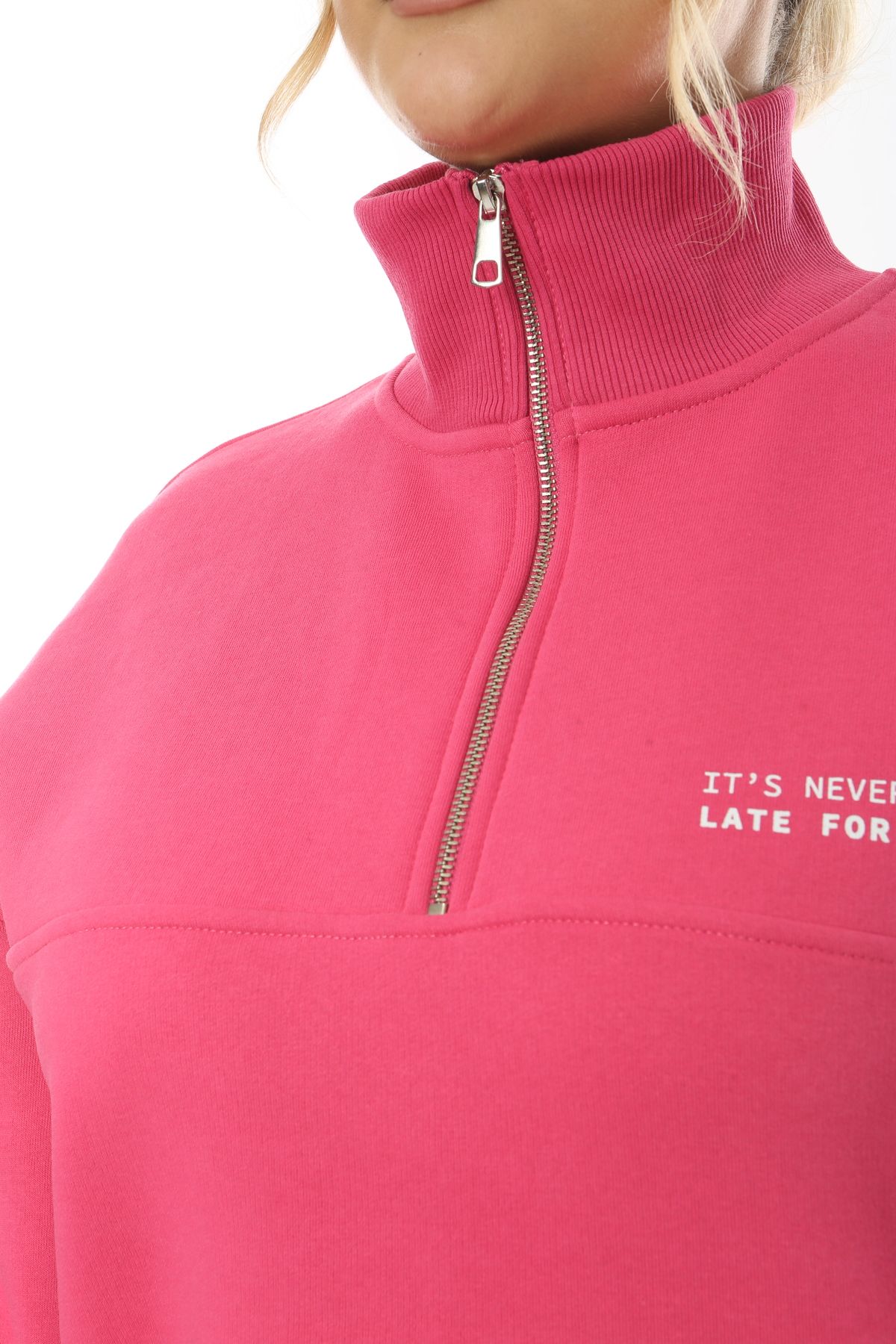 Avones-3 Thread Fleece Zippered High Collar Slogan Printed Sweatshirt Fuchsia 6