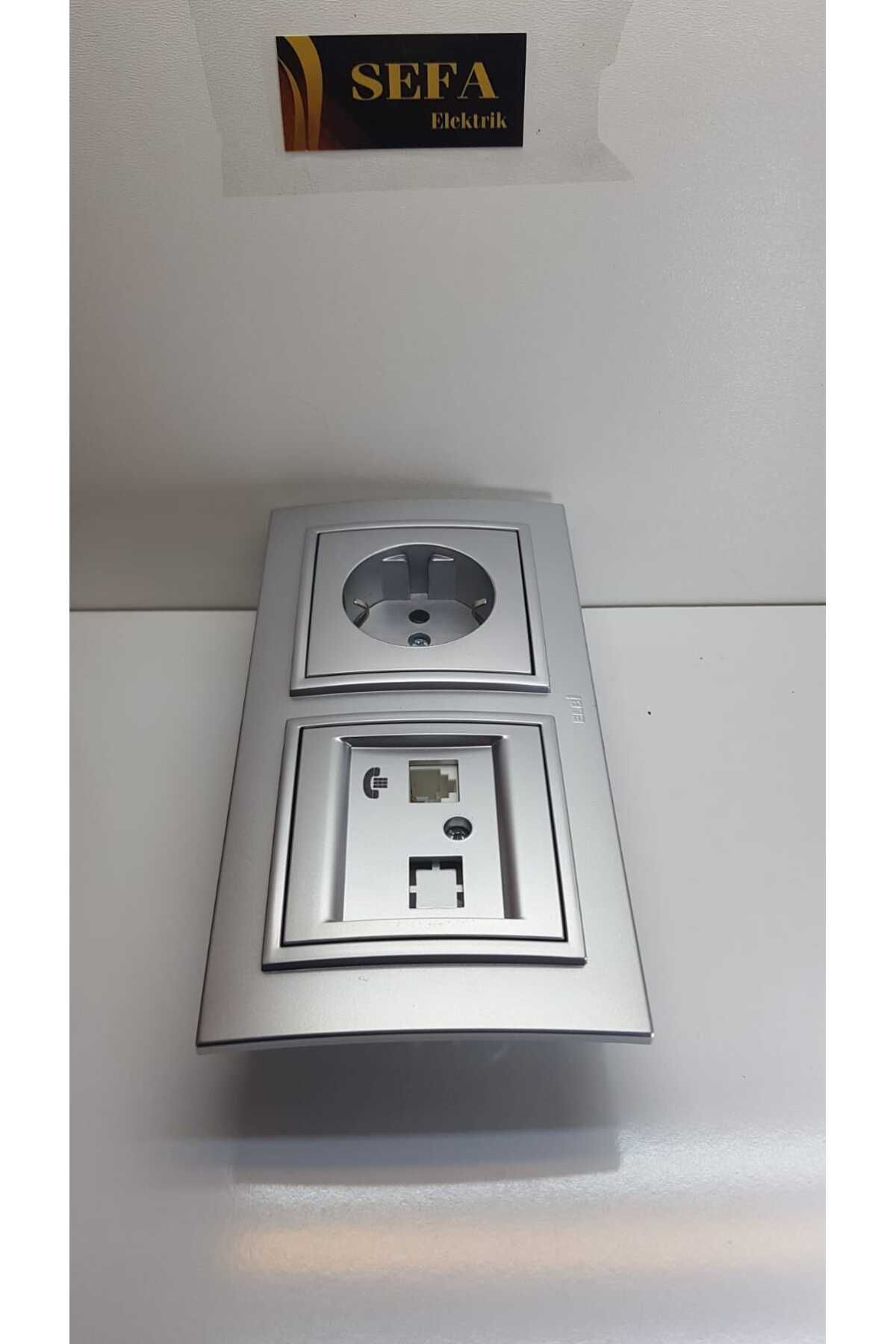 ELBİ-METALLIC GRAY PHONE SOCKET WITH GROUNDED SOCKET WITH FRAME DUAL SUIT ZENA SILVERLINE SERIES 3