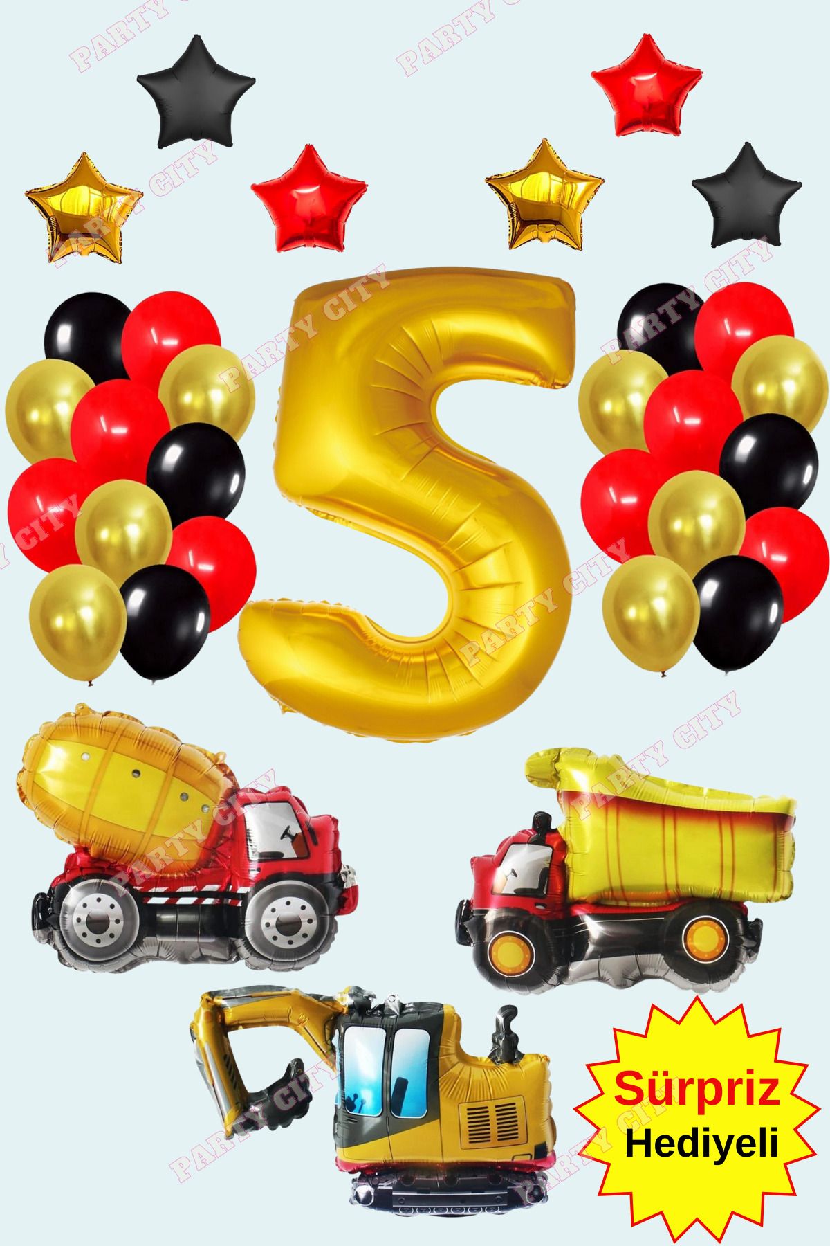 Party City 5 Years Old Construction Themed Concept Foil Balloon and Star Themed Birthday Party Celebration Set