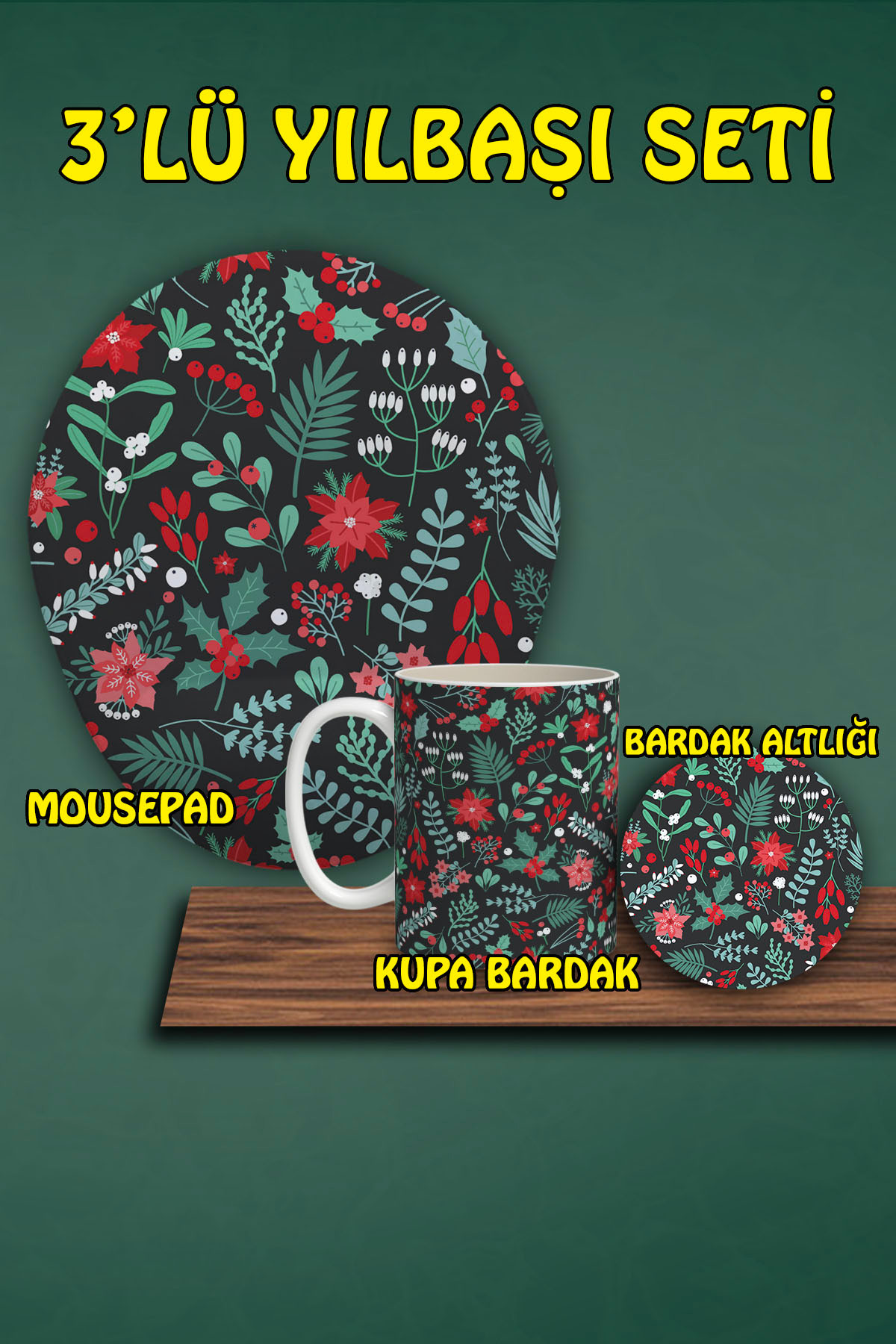 Yılbaşı Temalı 3'lü Bilek Destekli Mousepad Kupa Ve Bardak Altlığı Seti