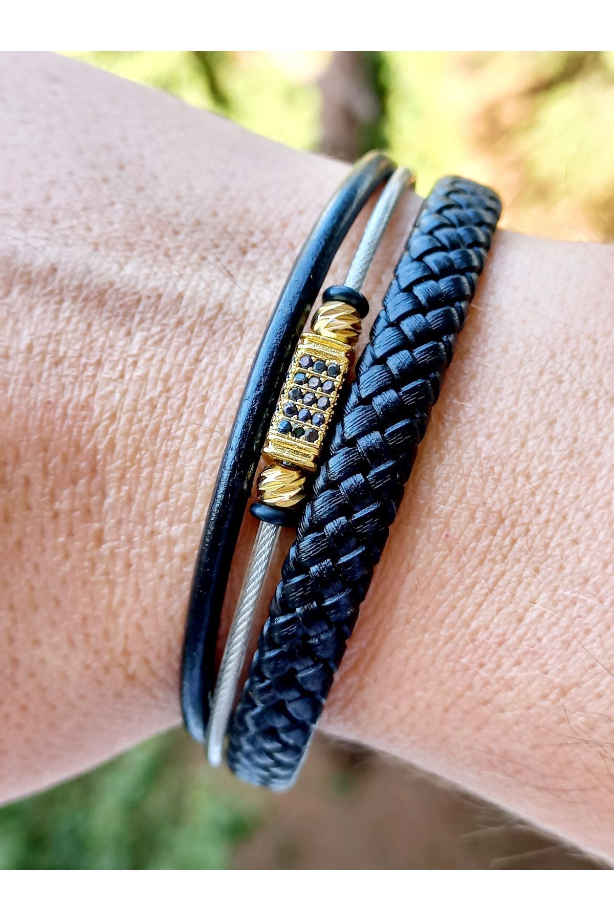 REGGENTE Zircon Stone Doric Steel Black Genuine Leather Bracelet
