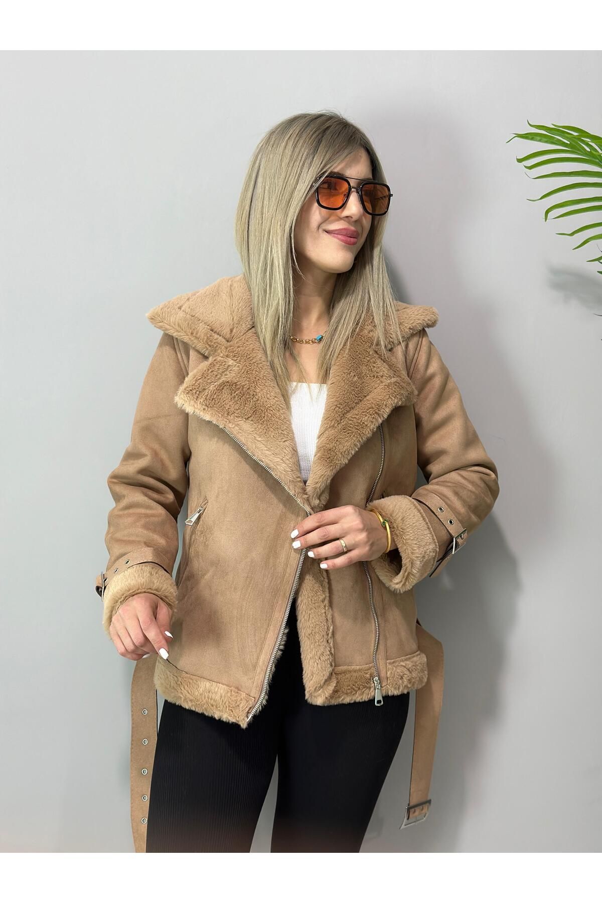 MODAMLABUT K Zaka Camel Hair Suede Shearling Coat Trendyol