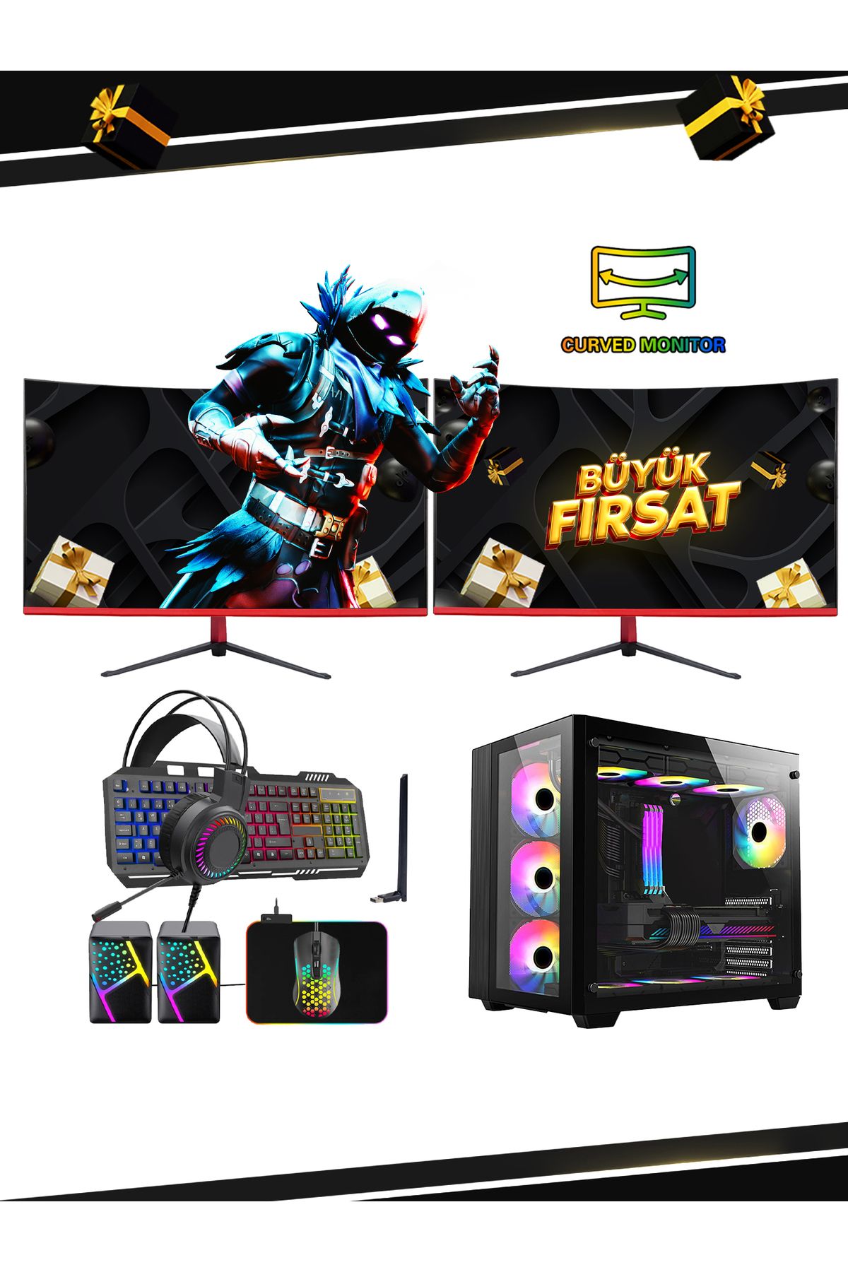 RMT LİVE v50 İ5-10400F 16 GB RAM 512 GB SSD RX580 8 GB 23.6 CURVED DUAL MONİTÖR OYUNCU PC