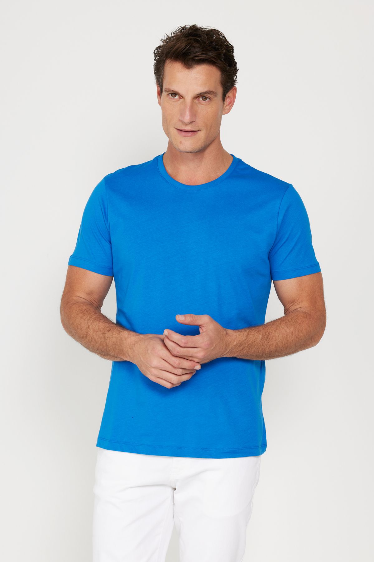 AC&Co / Altınyıldız Classics تی شرت آستین کوتاه یقه مردانه ساکس آبی 100% نخی باریک و