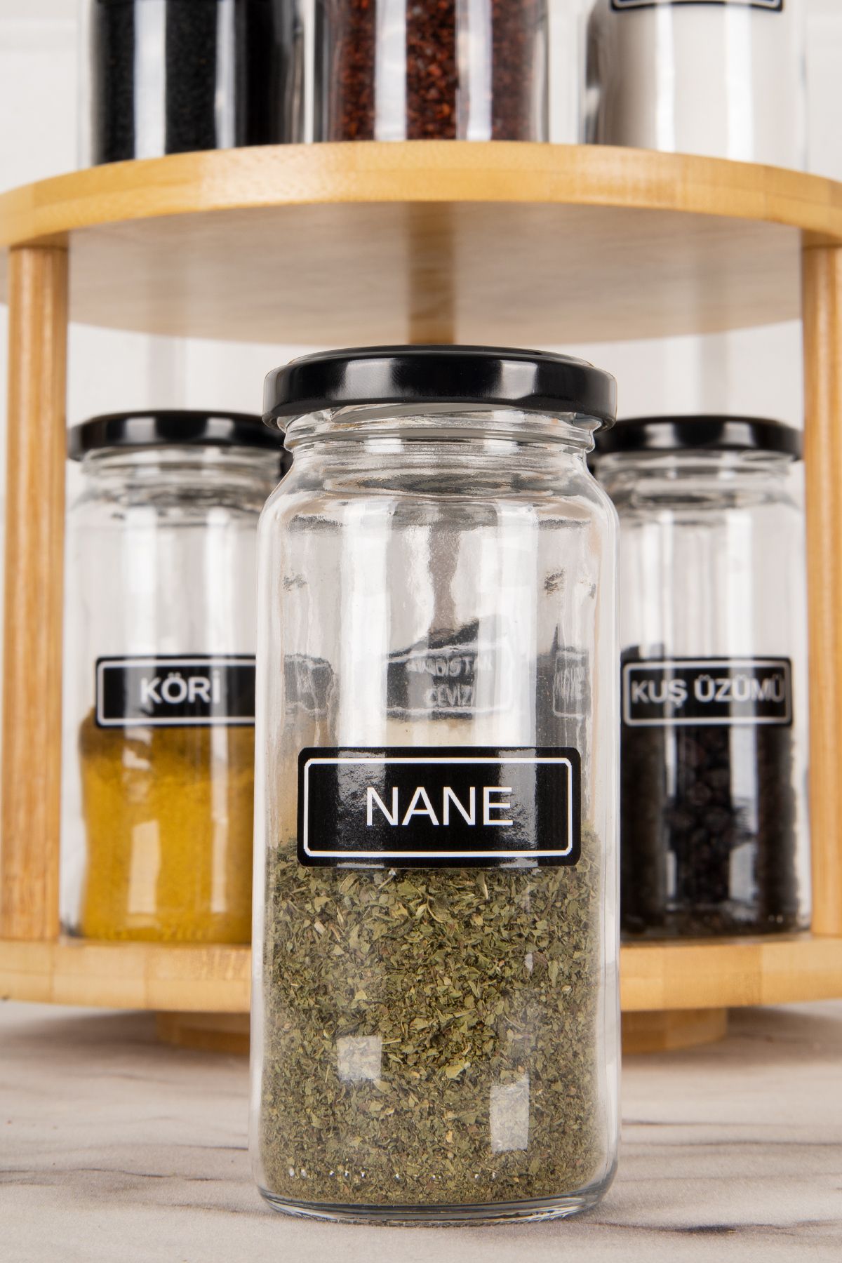 DNS HOME-244 ml Glass Spice Rack Set Storage Jar with Black Metal Lid and Rotating Stand with Label 2