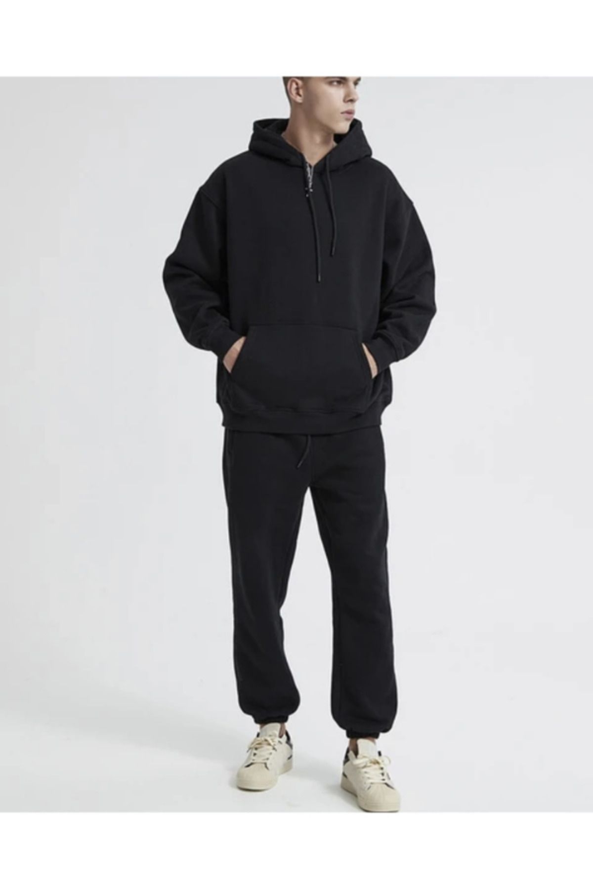 YAKAMEL Men s Black 3 Thread Hooded Hoodie Tracksuit Set Trendyol