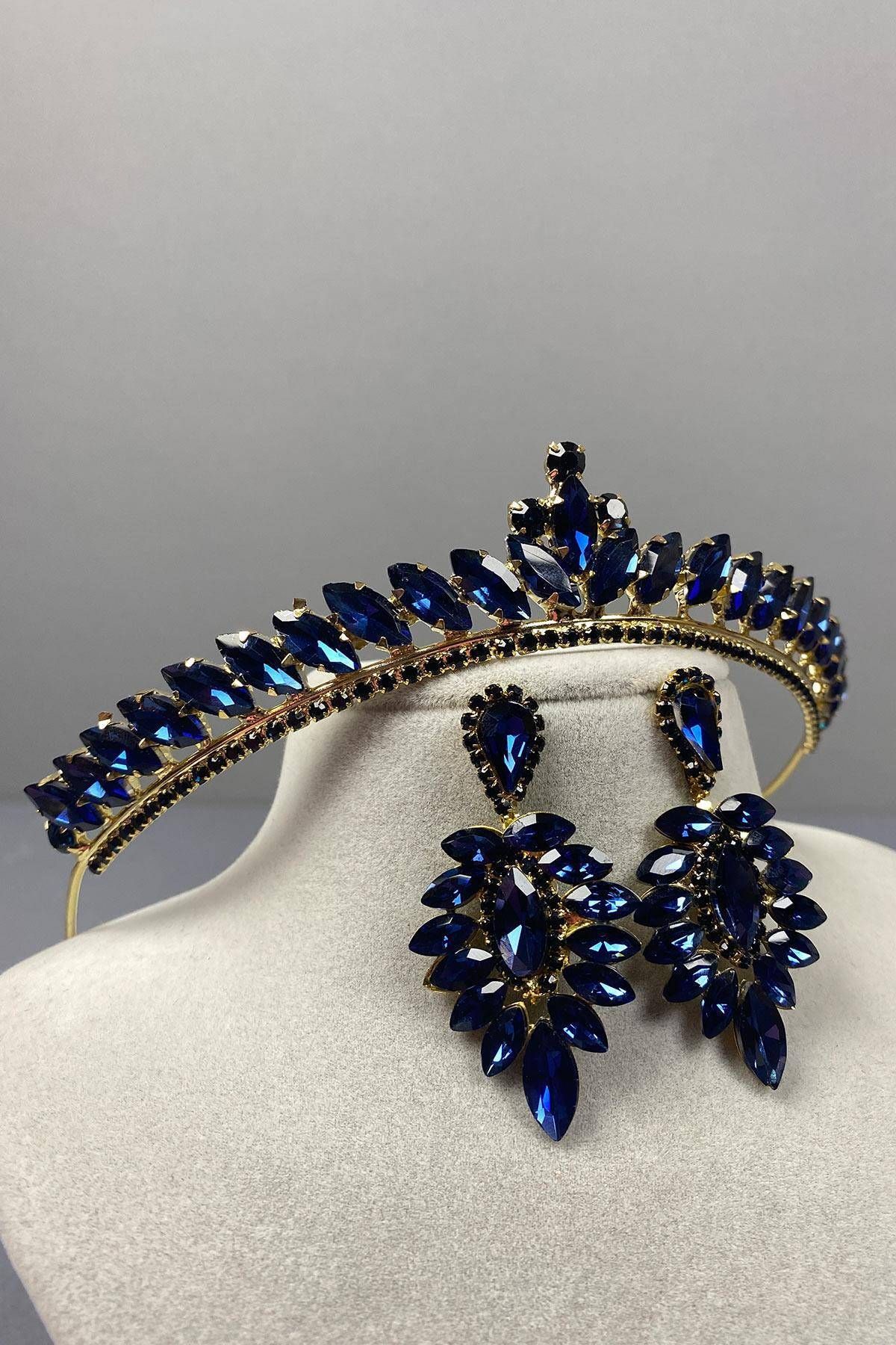 Hobigram-Navy Blue Gold Thin Ilayda Model Bridal Crown and Thin Shuttle Earring Set – Crown 4