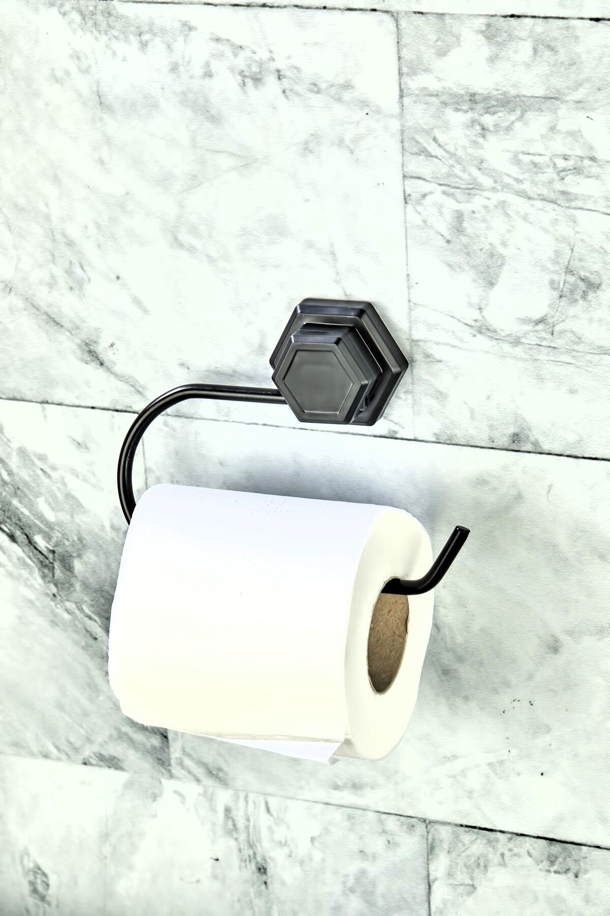 Altıgen Yapışkanlı Siyah Açık Tuvalet Kağıtlığı Wc Kağıtlık Tutucu Peçetelik