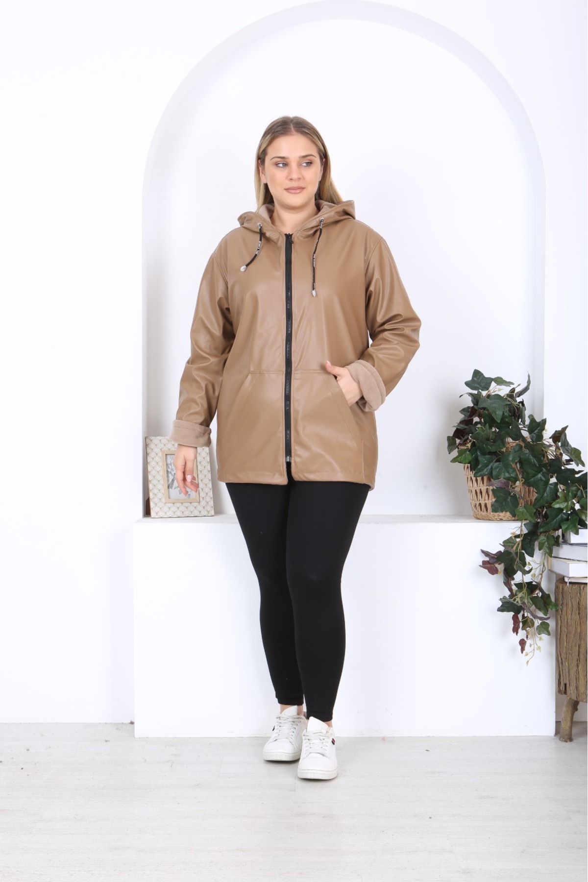 Unisex leather coat & sports hooded coat with fleece inside, rain, wind and cold proof