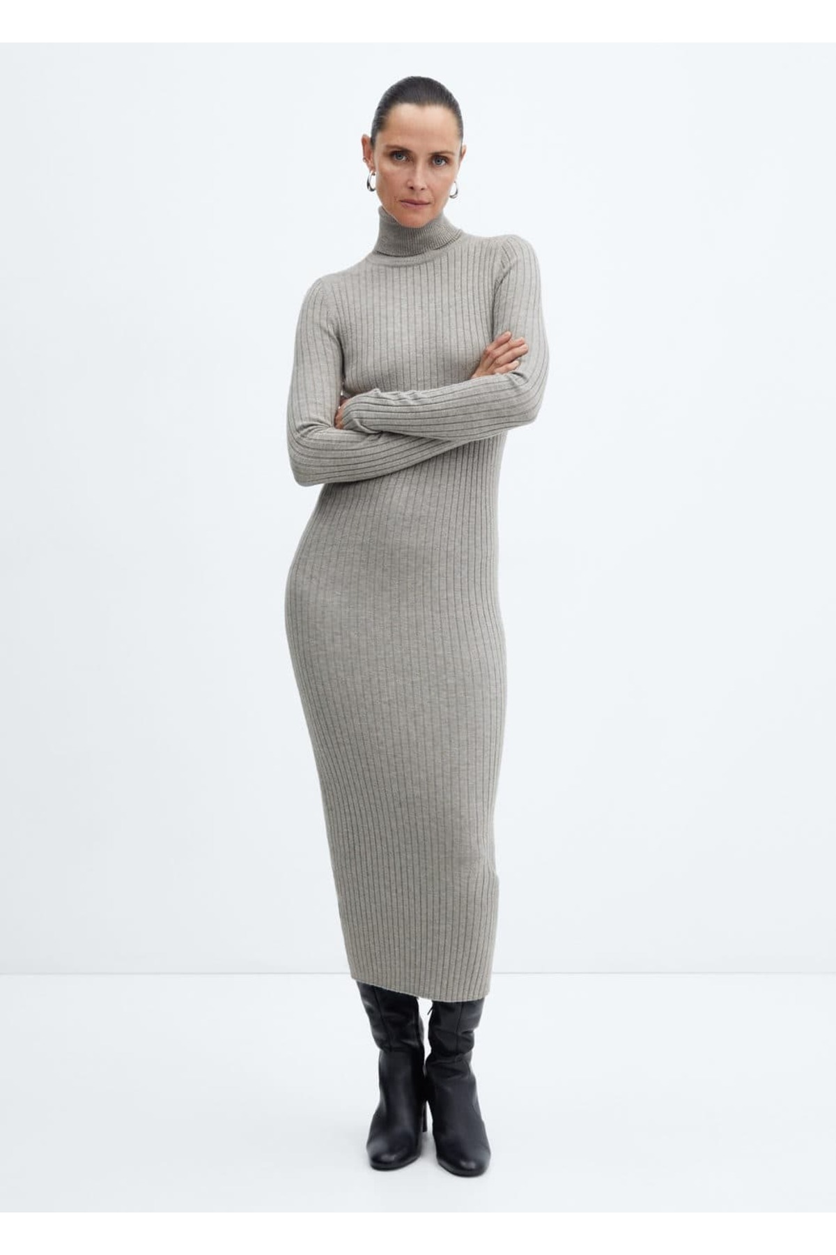 Wrap V Yaka Ribana Örgü Mini Elbise - Siyah