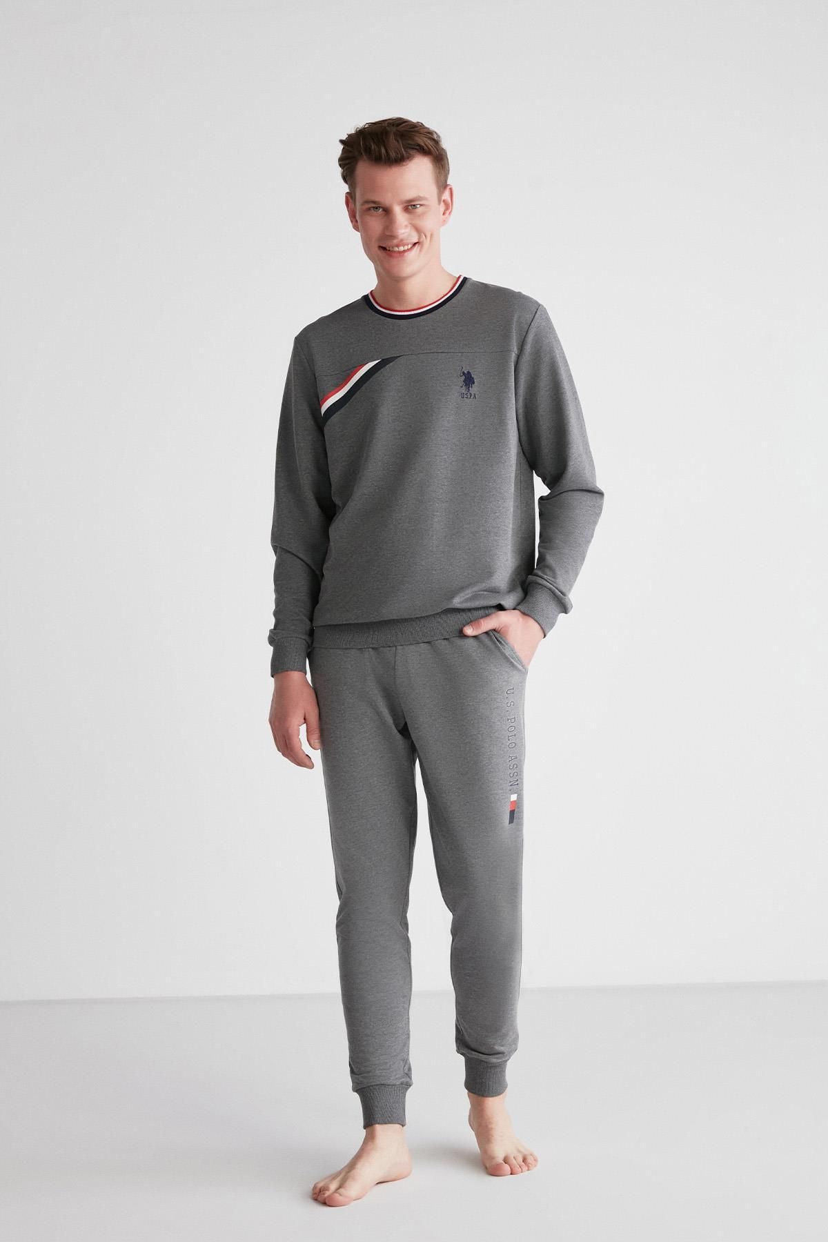 ست پیژامه خاکستری مردانه لباس خواب آستین بلند آنتراسیت ملانژ C1T8N7O03 U.S. Polo Assn.