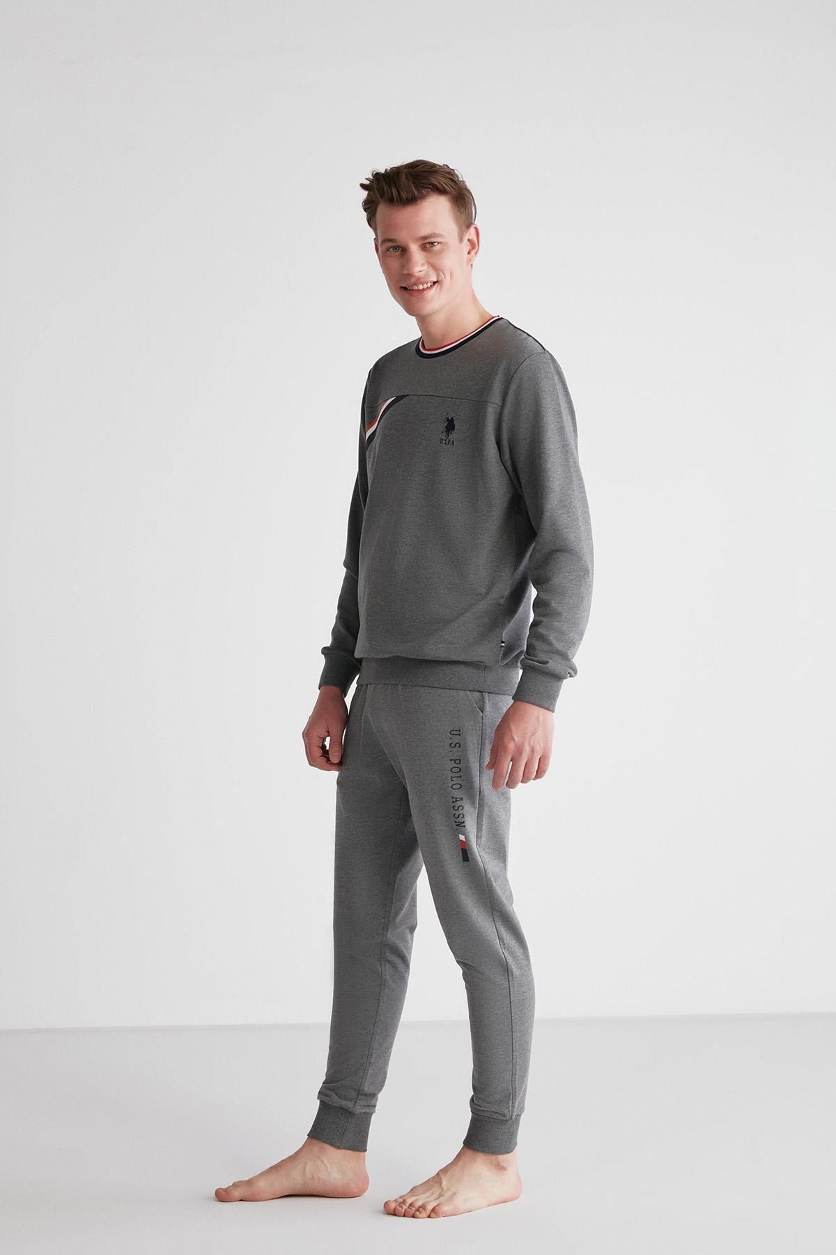ست پیژامه خاکستری مردانه لباس خواب آستین بلند آنتراسیت ملانژ C1T8N7O03 U.S. Polo Assn.