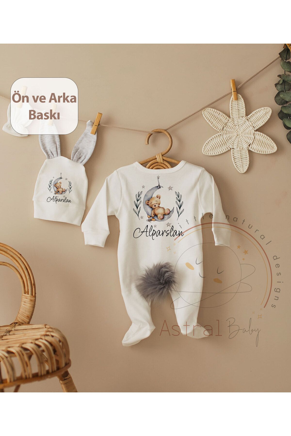 Anne ve Yavru Ceylan Desenli İsimli Organik 3'lü Tulum Set - Astral Baby