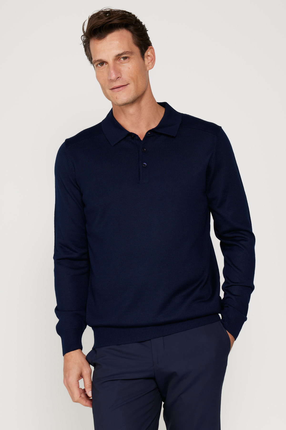 Erkek Lacivert Yünlü Standart Fit Normal Kesim Polo Yaka Triko Kazak