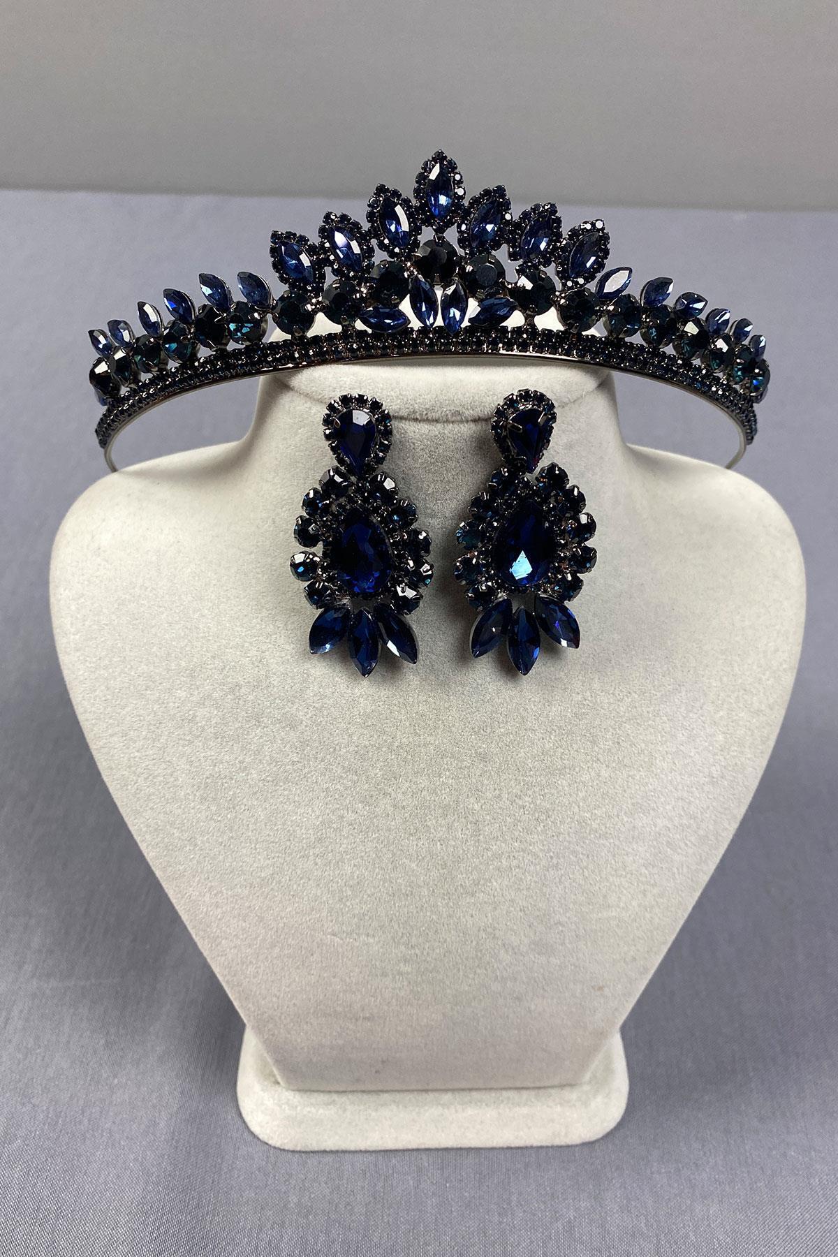 Navy Blue Leyla Model Henna Crown and Three Shuttle Earrings Set – Crown, Crystal Gemstone, Stylish Model – Crown