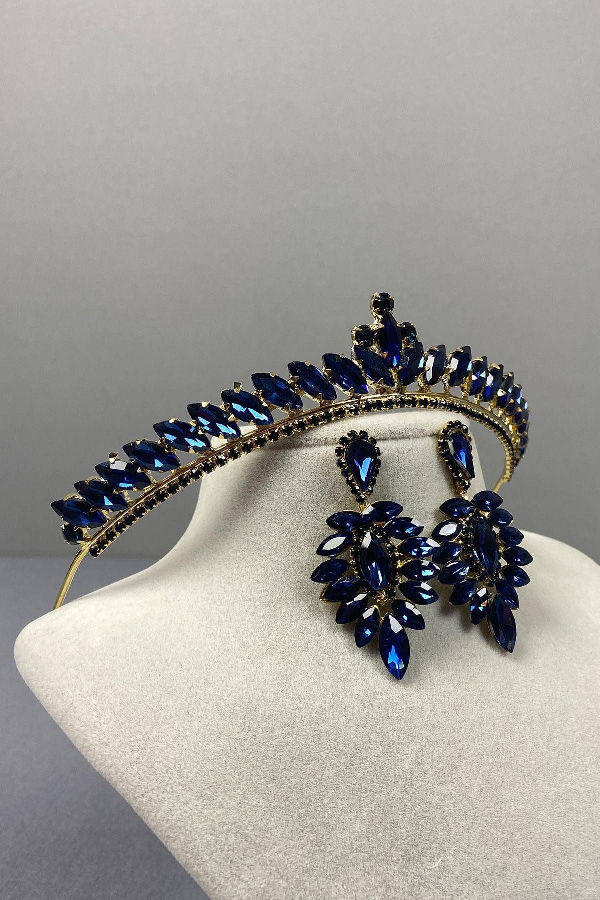 Hobigram-Navy Blue Gold Thin Ilayda Model Bridal Crown and Thin Shuttle Earring Set – Crown 2