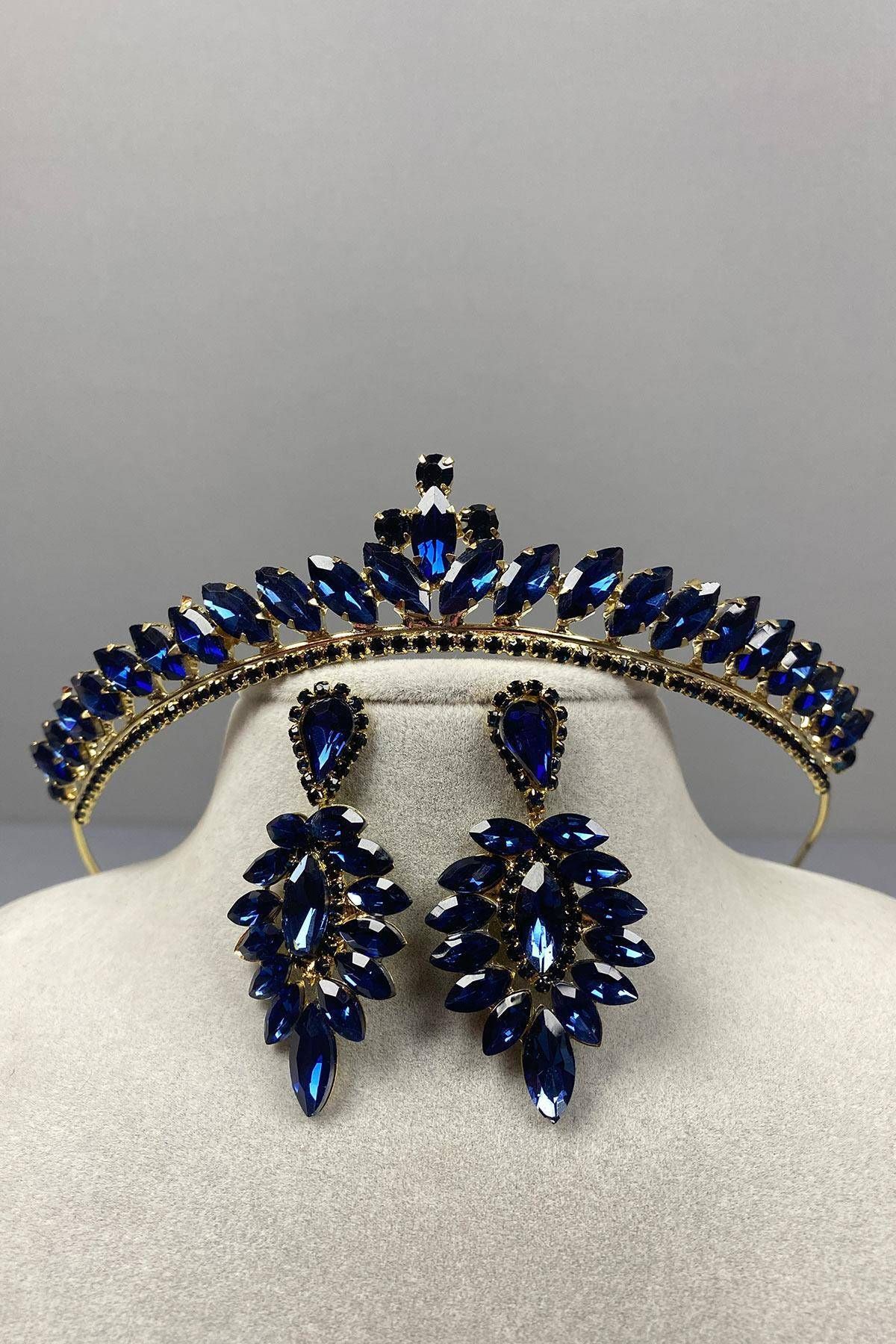 Hobigram-Navy Blue Gold Thin Ilayda Model Bridal Crown and Thin Shuttle Earring Set – Crown 3
