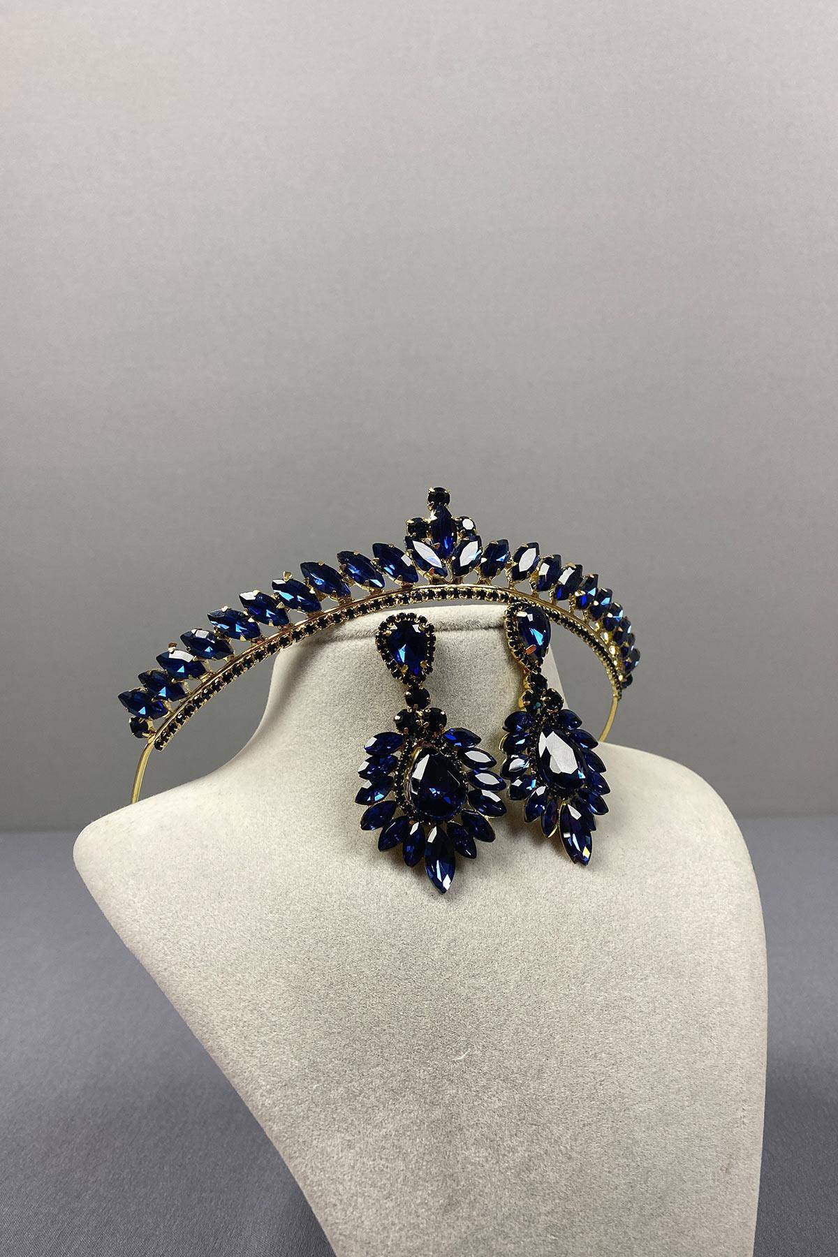 Special Day Accessory Navy Blue Gold Thin İlayda Model Bridal Crown and Drop Shuttle Earring Set