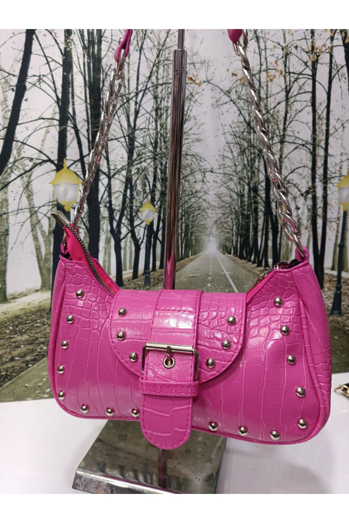 Women's Shoulder Bag with Chain Strap with Staple Detail