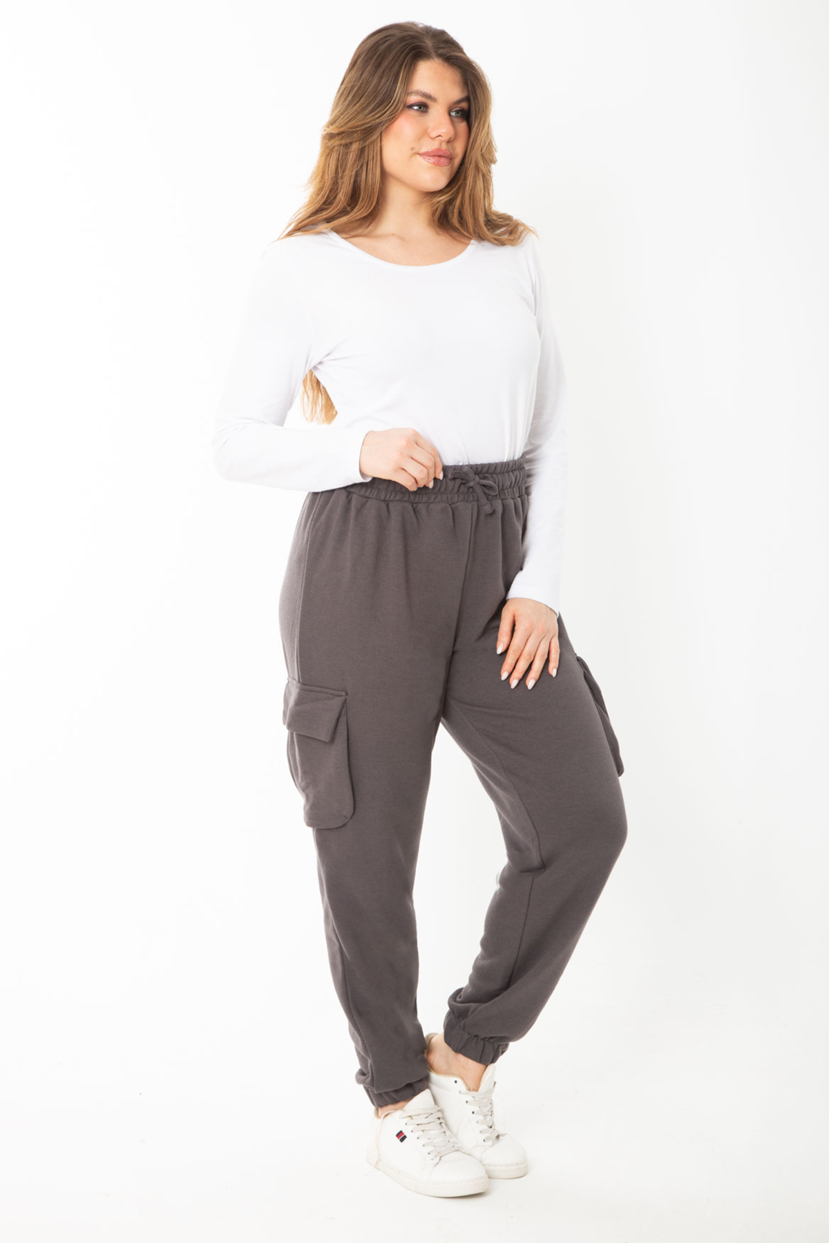 Women's Large Size Smoked Sweatpants with Elastic Waist and Cuff Cargo Pocket 65N37399
