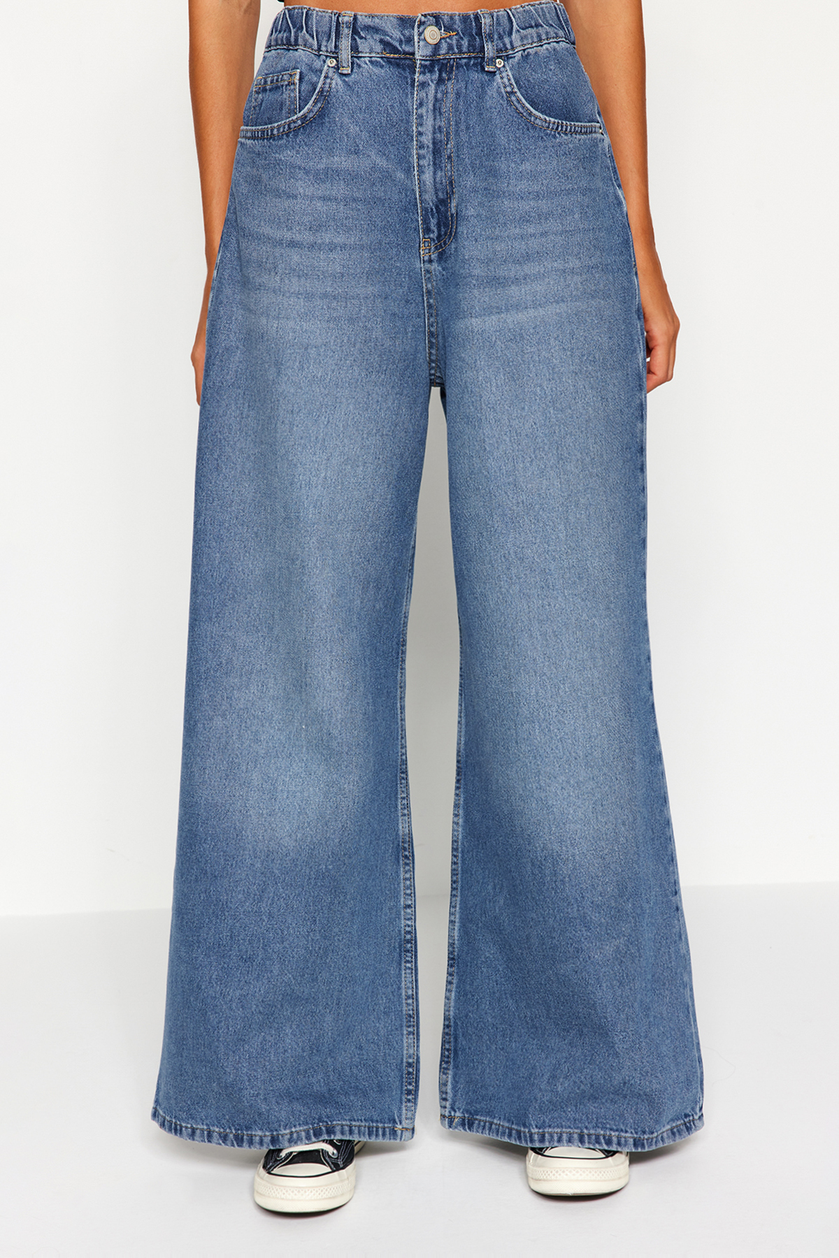 Trendyol Collection Jeansy Palazzo z wysokim stanem i szerokimi nogawkami w kolorze niebieskim - elastyczny pas Twoaw24Je00350