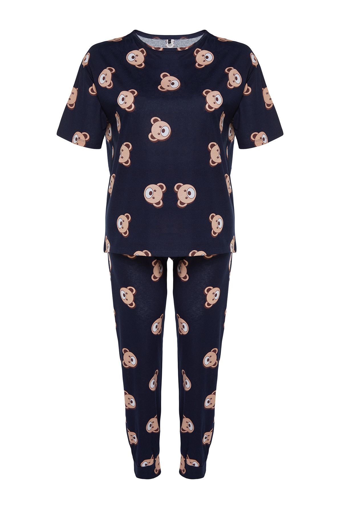 Trendyol Curve-Marineblaues Pyjama-Set aus Strick mit Teddybär-Muster TBBAW23AI00039 6