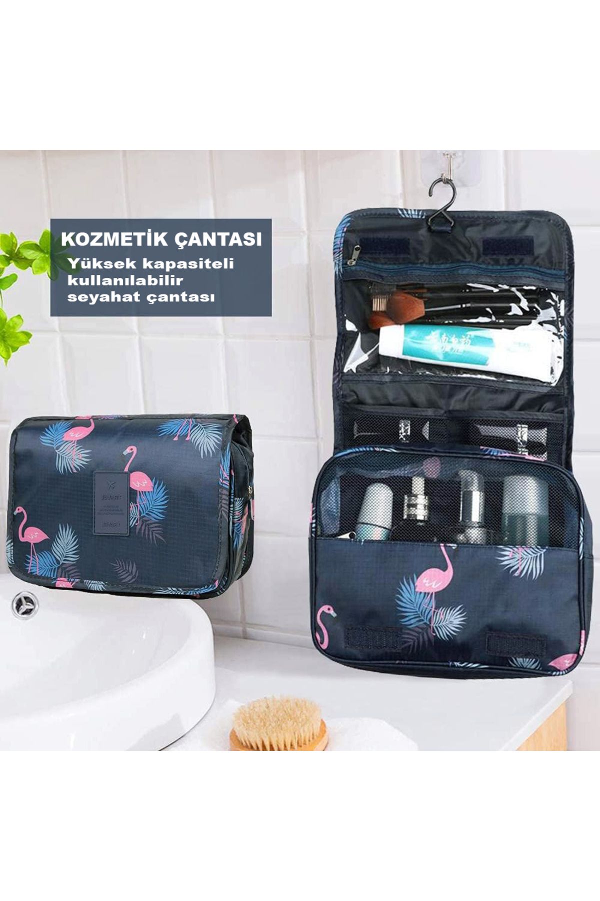 SONREYON-Multifunctional Hanging Makeup Bag with Flamingo Pattern (Large Size) 3