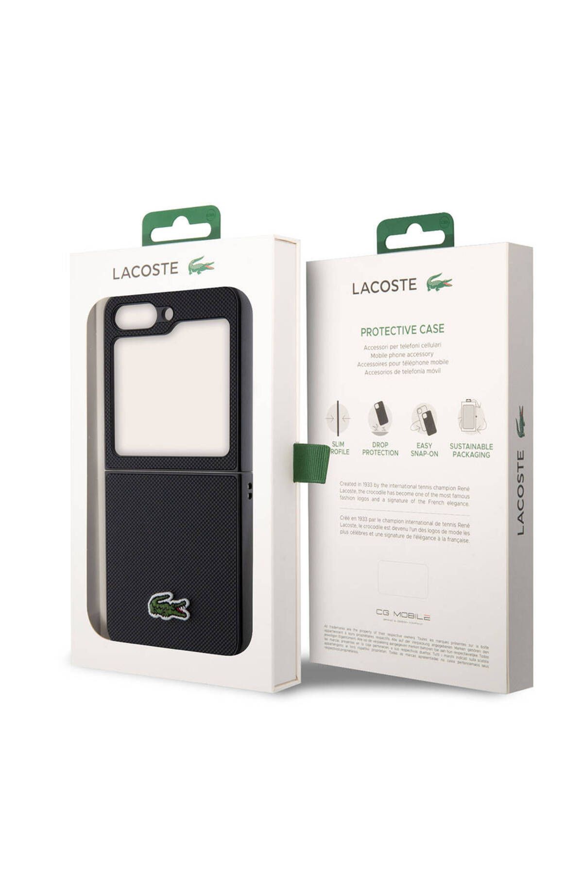 کاور و قاب چند رنگ Galaxy Z Flip 5 مورد سازگار دارای مجوز PU PIKE الگوی سطح نمادین آرم سیاه سفید Lacoste