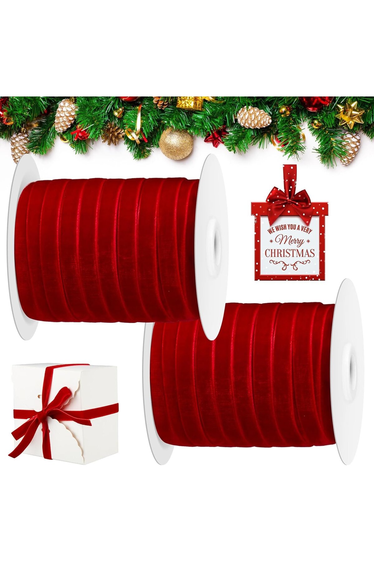 roco paper Yeniyıl Yılbaşı Kırmızı Kadife Kurdele 1 cm 45 metre