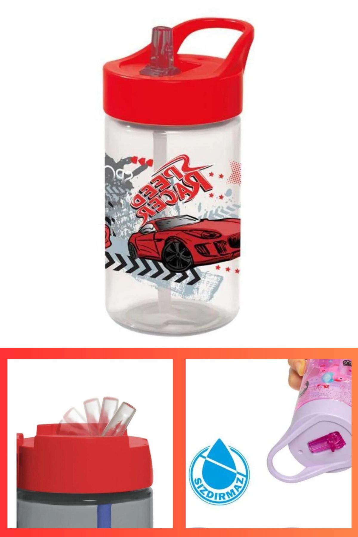 Flosoft-Race Car Children's Flask with Straw, Racer Pattern Water Milk Soft Drink Cup with Lid 430ml 3