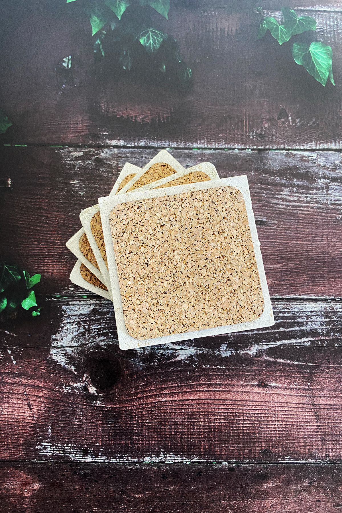 Baumatelier-Gray Tile Pattern Natural Stone Travertine Coasters Set of 4 4