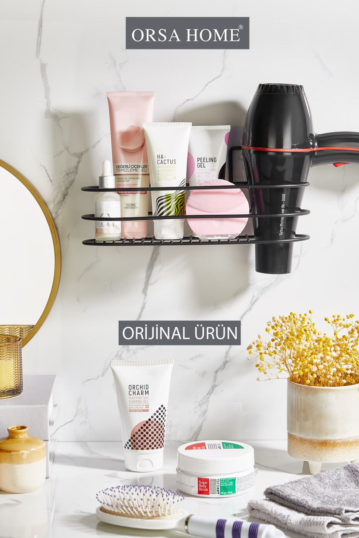 ORSA HOME Banyo Aksesuarları Banyo Düzenleyici Yapışkanlı Saç Kurutma Makine Fön Makinesi Organizer Raf Siyah