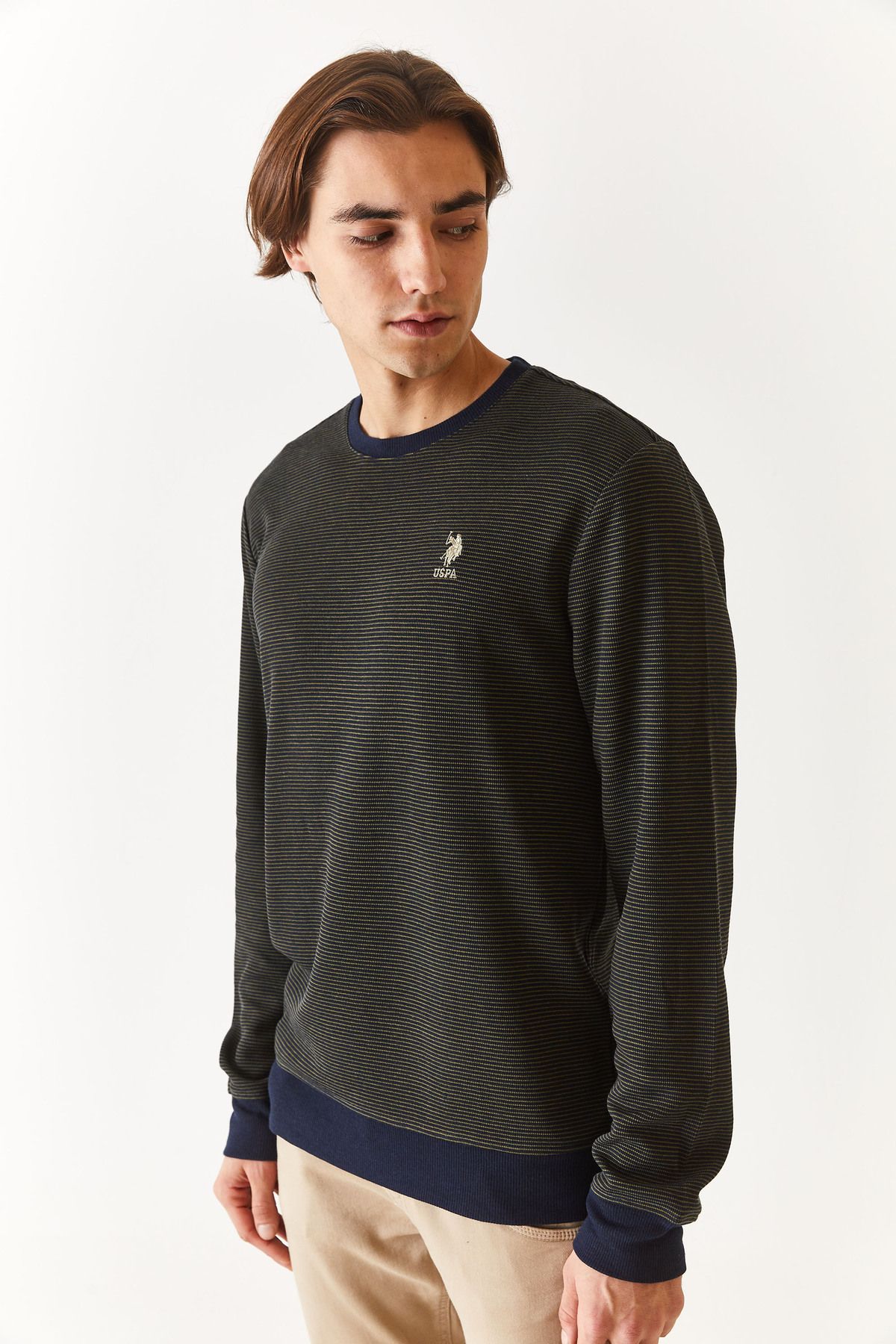 U.S. Polo Assn. LOAS Transverse Thin Striped Regular Fit Crew Neck Men s Sweater