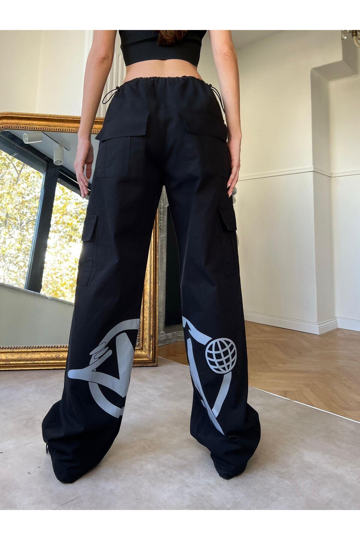 Touz-Unisex Cargo Pocket Elastic Detailed Black and White Printed Baggy Jean 4