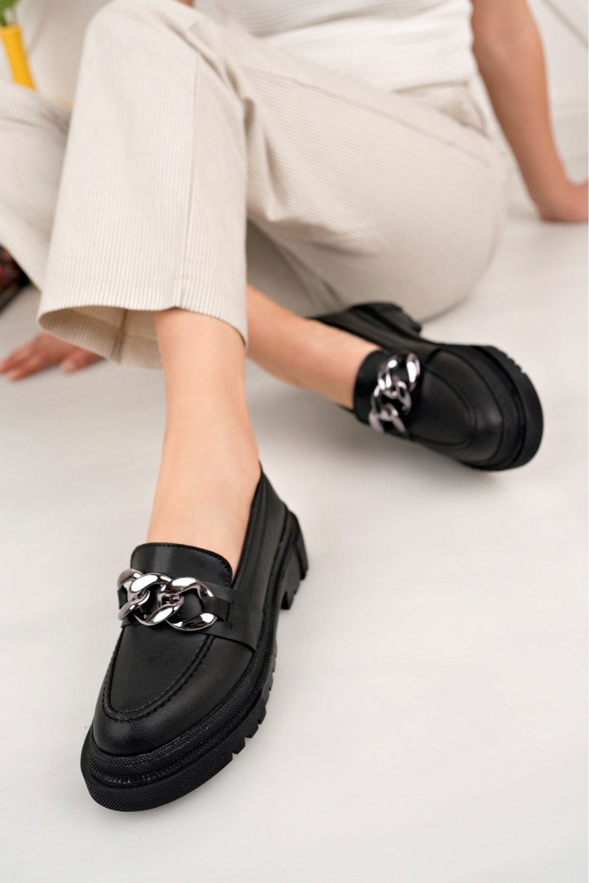 PANTOFİ SHOES-Platinum Chain Thick Sole Loafer Women's Shoes 2