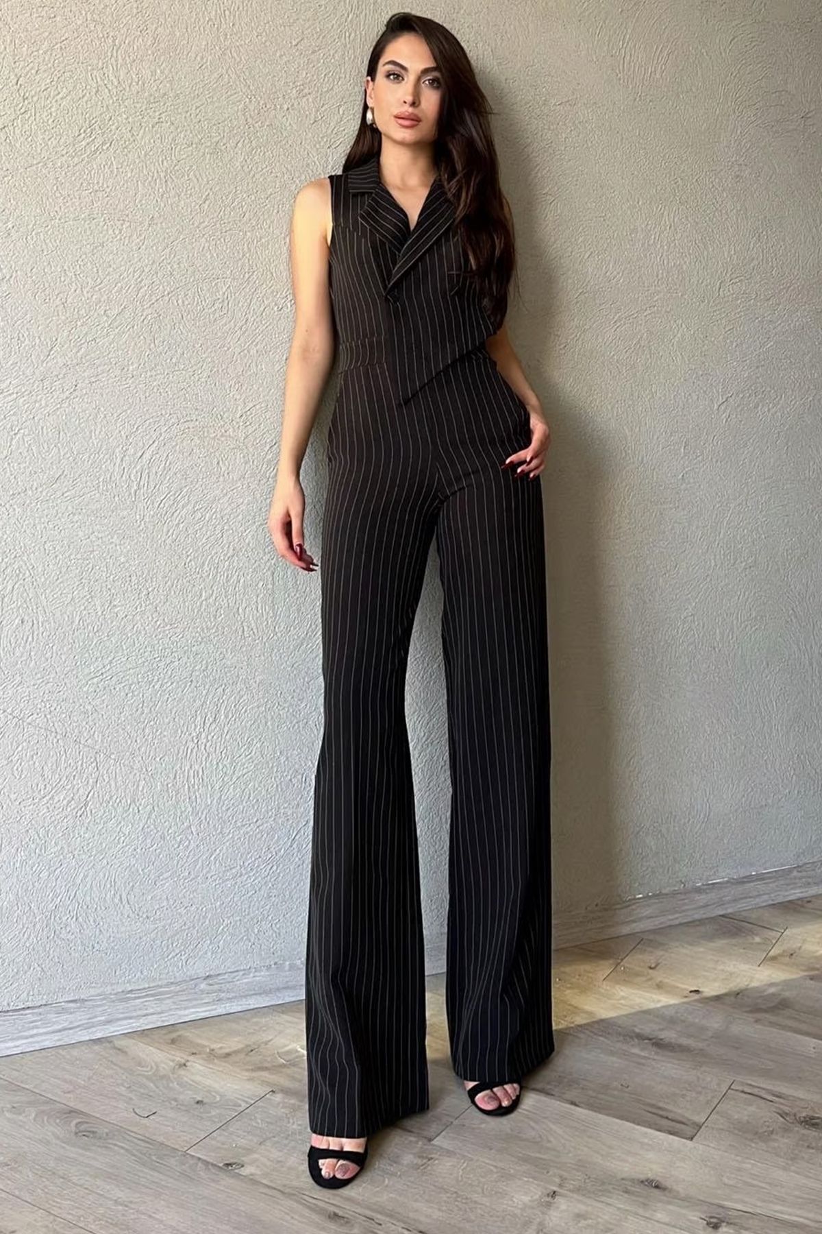 bayansepeti Striped Atlas Fabric Button Detailed Sleeveless Double Breasted Jacket Collar Striped Black Overalls 3195