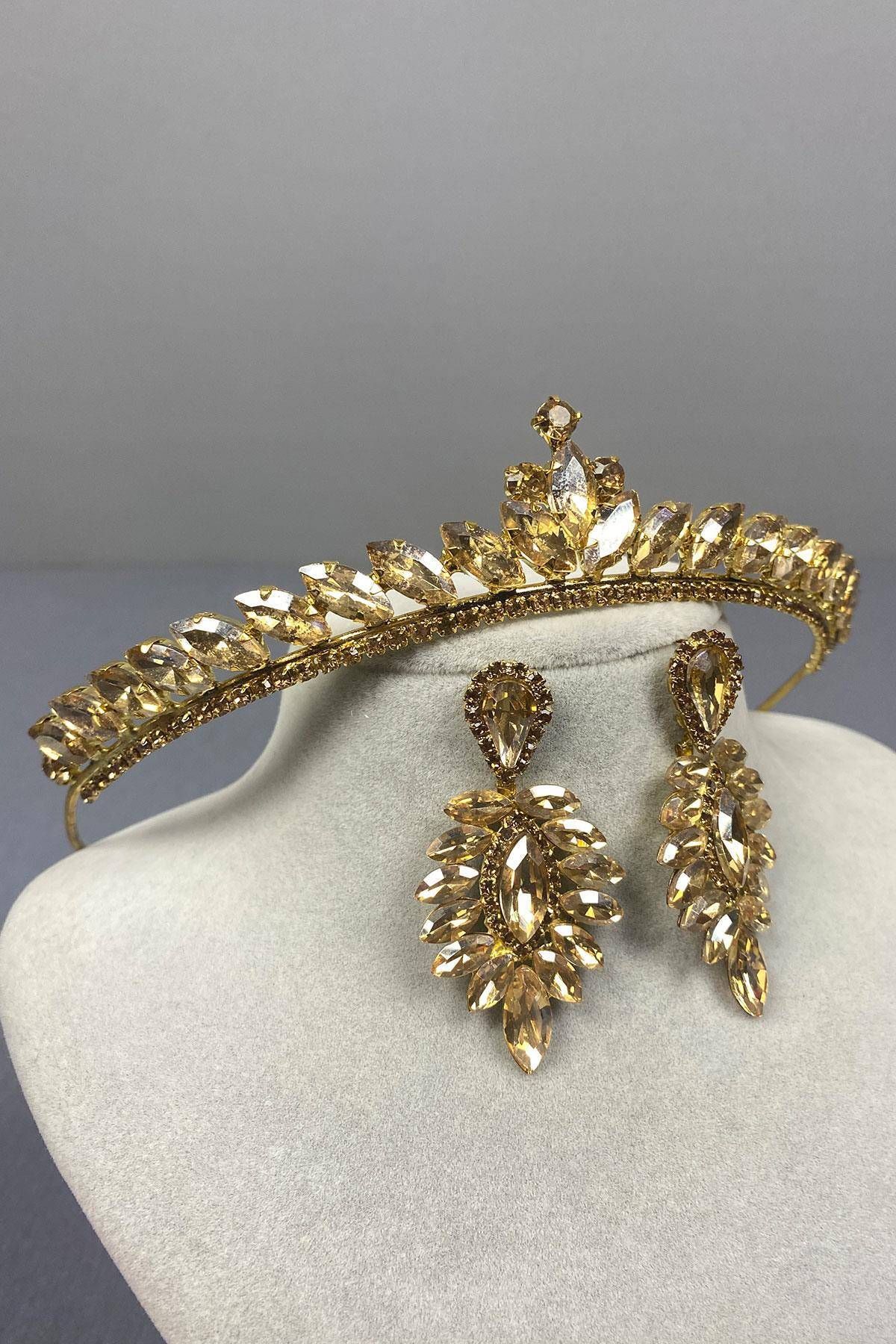 Hobigram-Set de coroană de mireasă și cercei cu piatră de picătură, model Ilayda, culoare miere – coroană, piatră de cristal, model elegant – 4