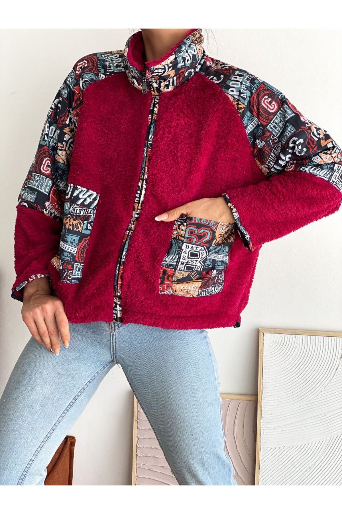 MET AND MARCH-Printed Pocket Detailed Zippered Red Plush Jacket 3