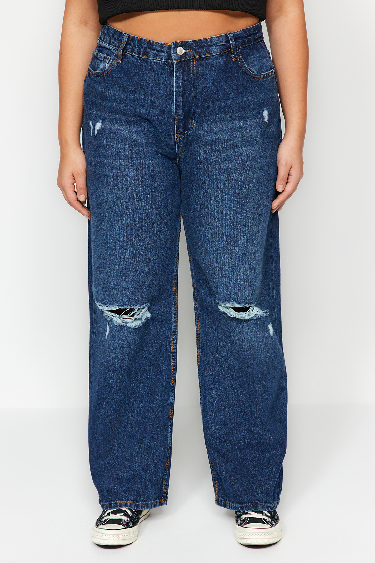 Trendyolmilla  Koyu Mavi Yüksek Bel Destroylu Geniş Paça/Wide Leg %100 Pamuk Büyük Beden Jeans TBBSS22JE00006 - Görsel 10