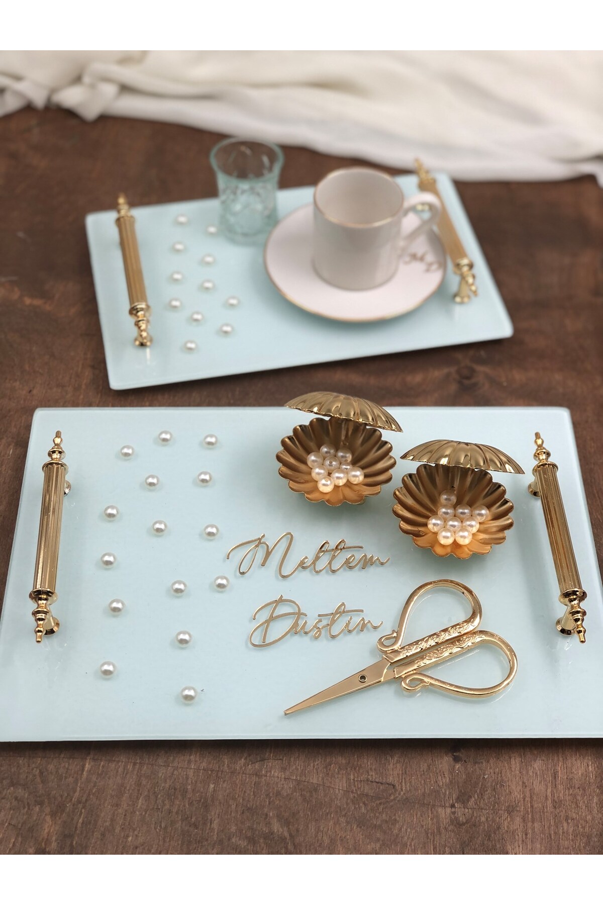 Masalsı Concept İncili Lüks Söz Tepsisi Nişan Tepsisi Yüzük Tepsisi Kız İsteme Tepsisi Makas Yüzüklük Damat Kahvesi