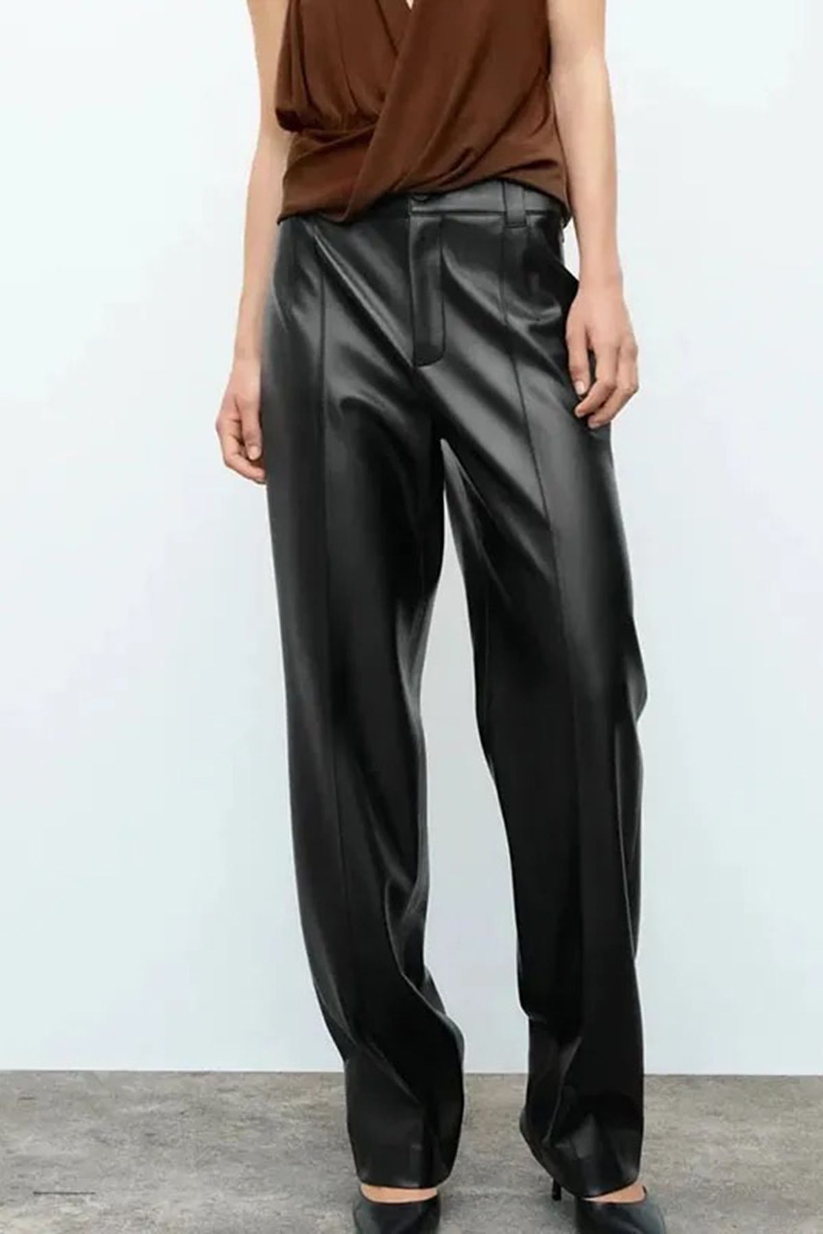 MODAQU Cuffed Tube Leg Leather Trousers Black Trendyol