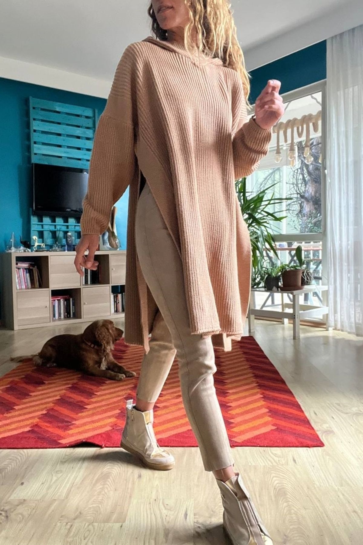 G ne k z Women s Camel Side Slit Hooded Long Loose Tunic Sweater